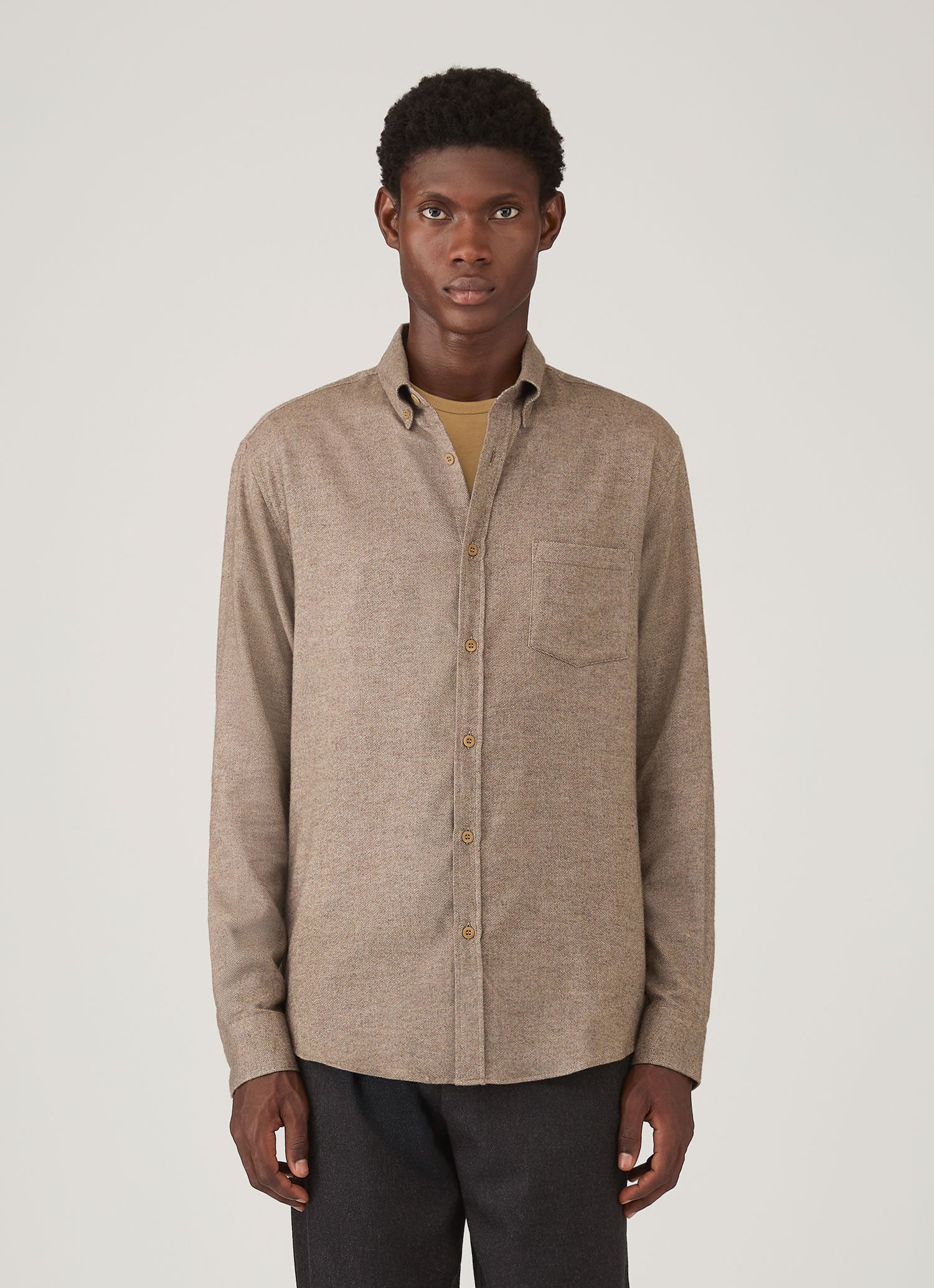 Men's Brushed Cotton Shirt in Light Brown Melange - Image 2