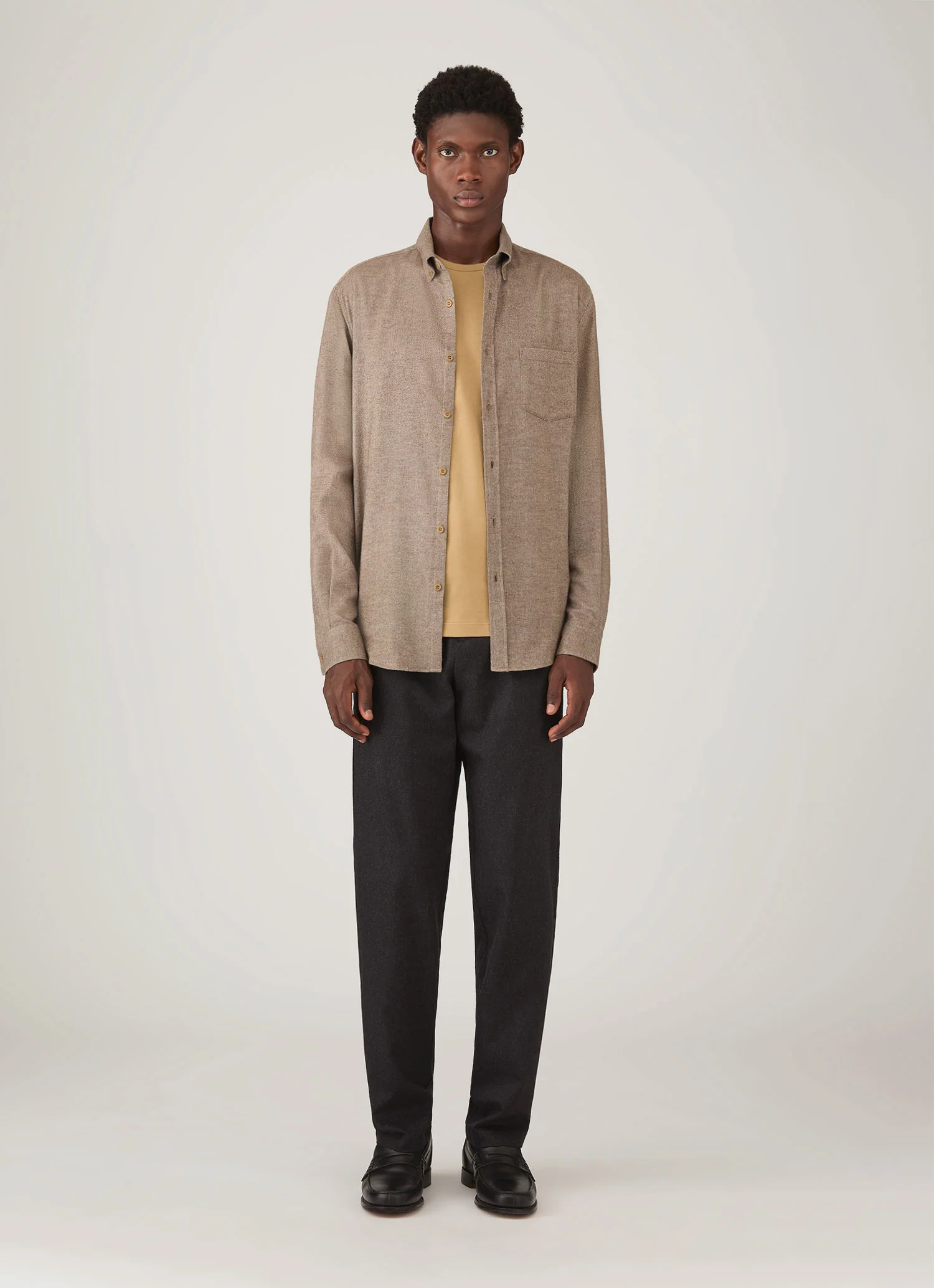 Men's Brushed Cotton Shirt in Light Brown Melange - Image 3