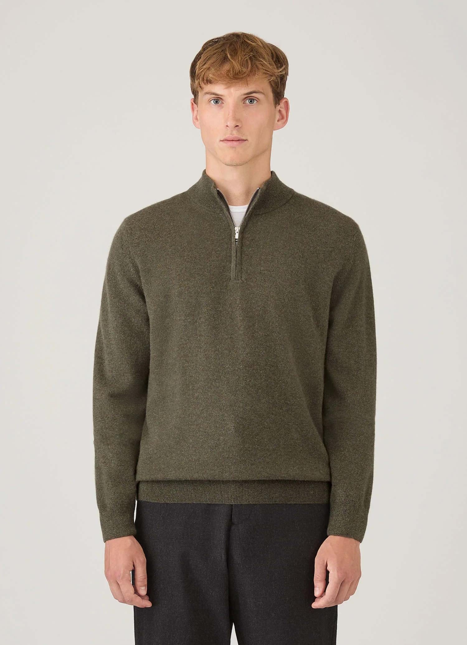 Men's Cashmere Half Zip Jumper in Khaki - Image 2