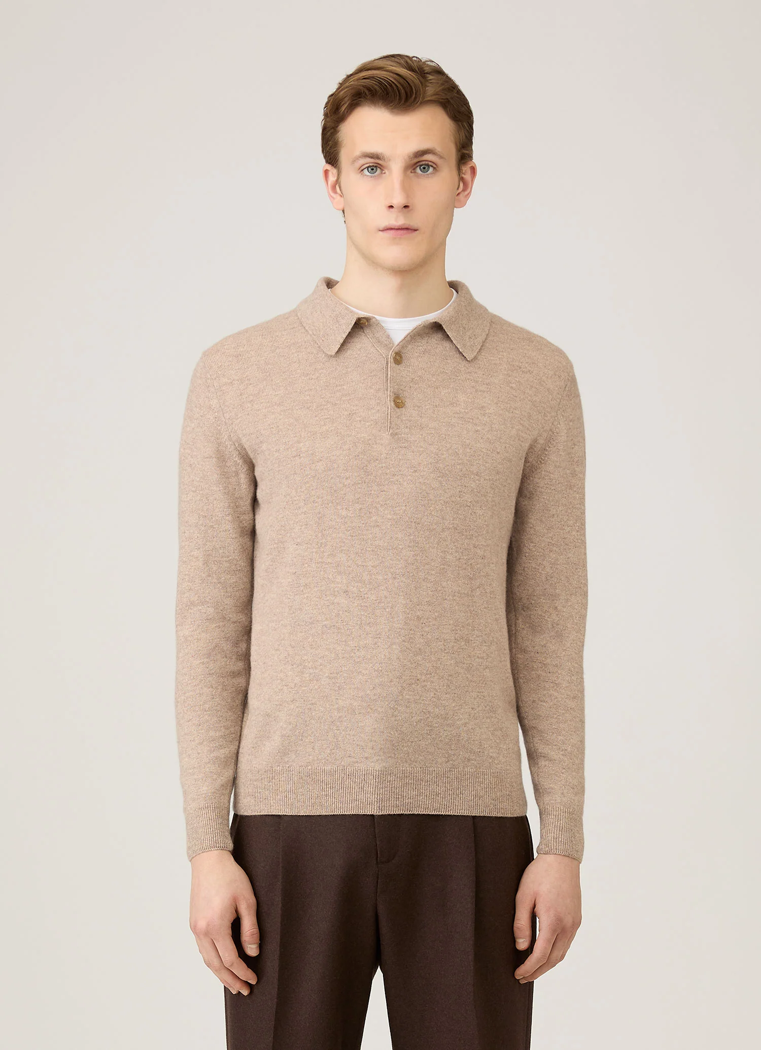 Men's Cashmere Knitted Polo Shirt in Oatmeal Melange - Image 2