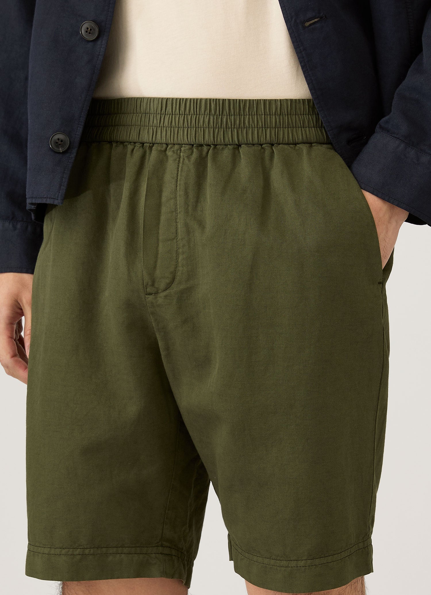 Men's Cotton Linen Drawstring Shorts in Deep Olive - Image 6