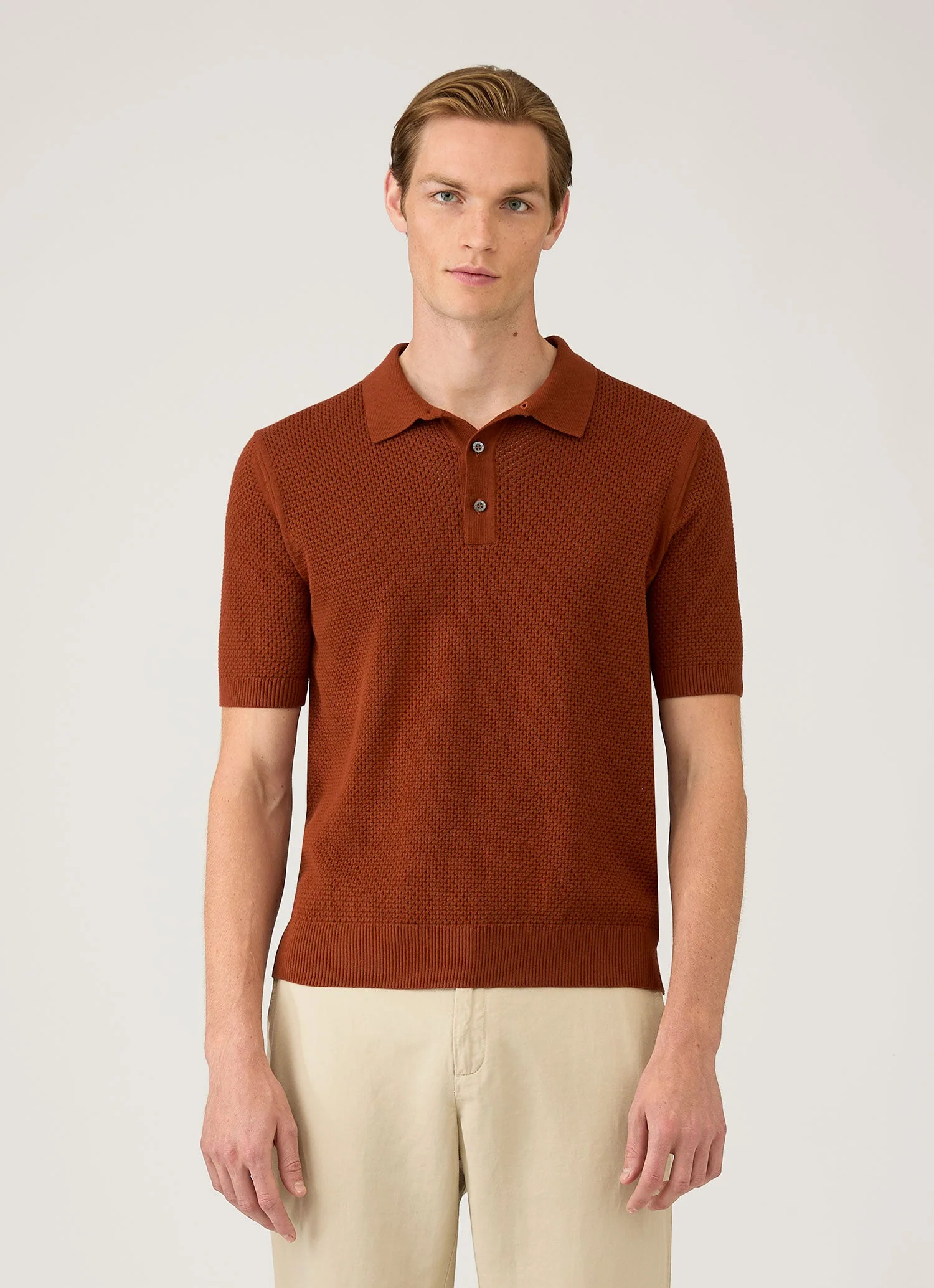 Men's Cotton Mesh Polo Shirt in Rust - Image 2