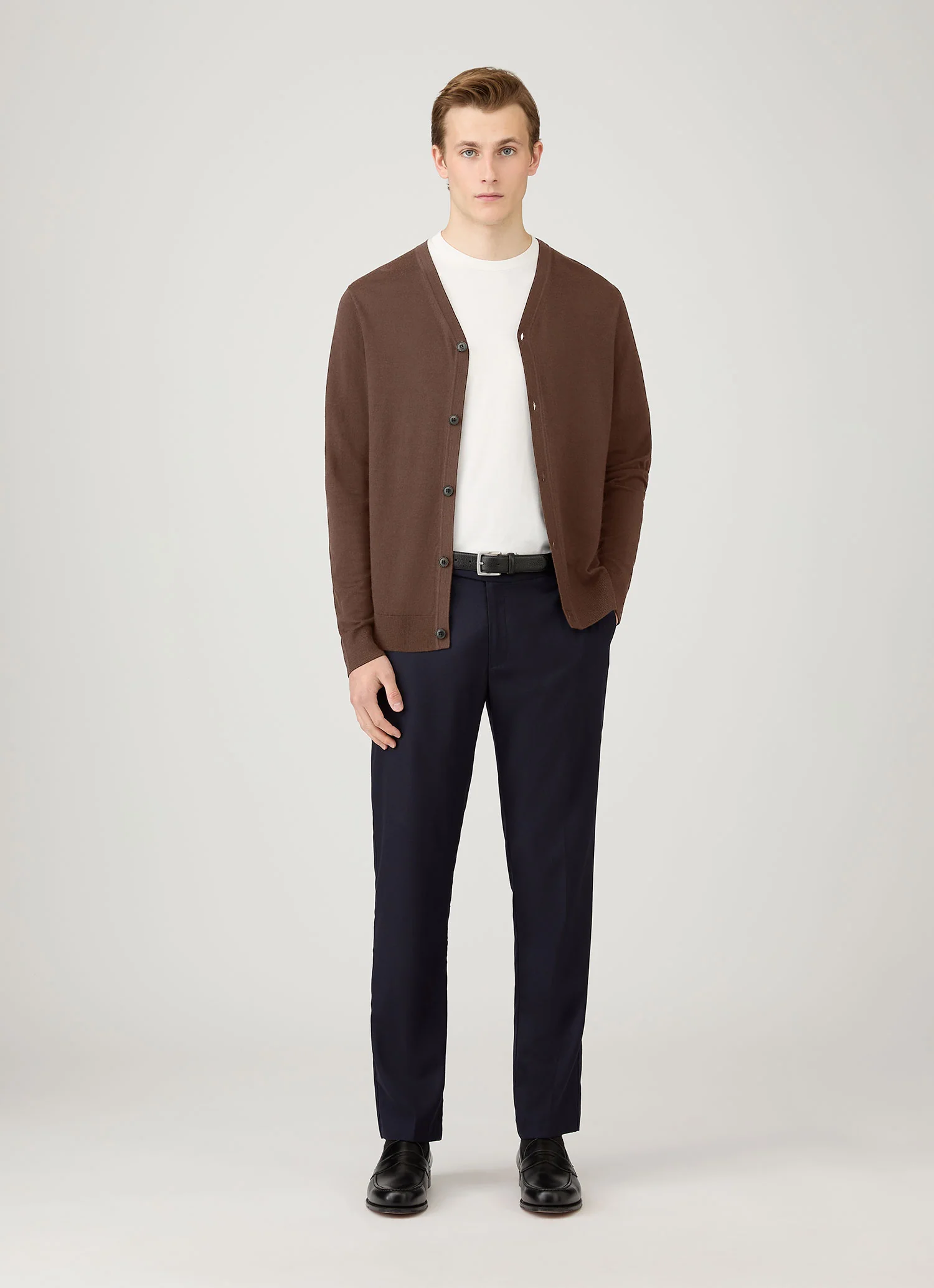 Men's Extra-Fine Merino Cardigan in Bark - Image 3