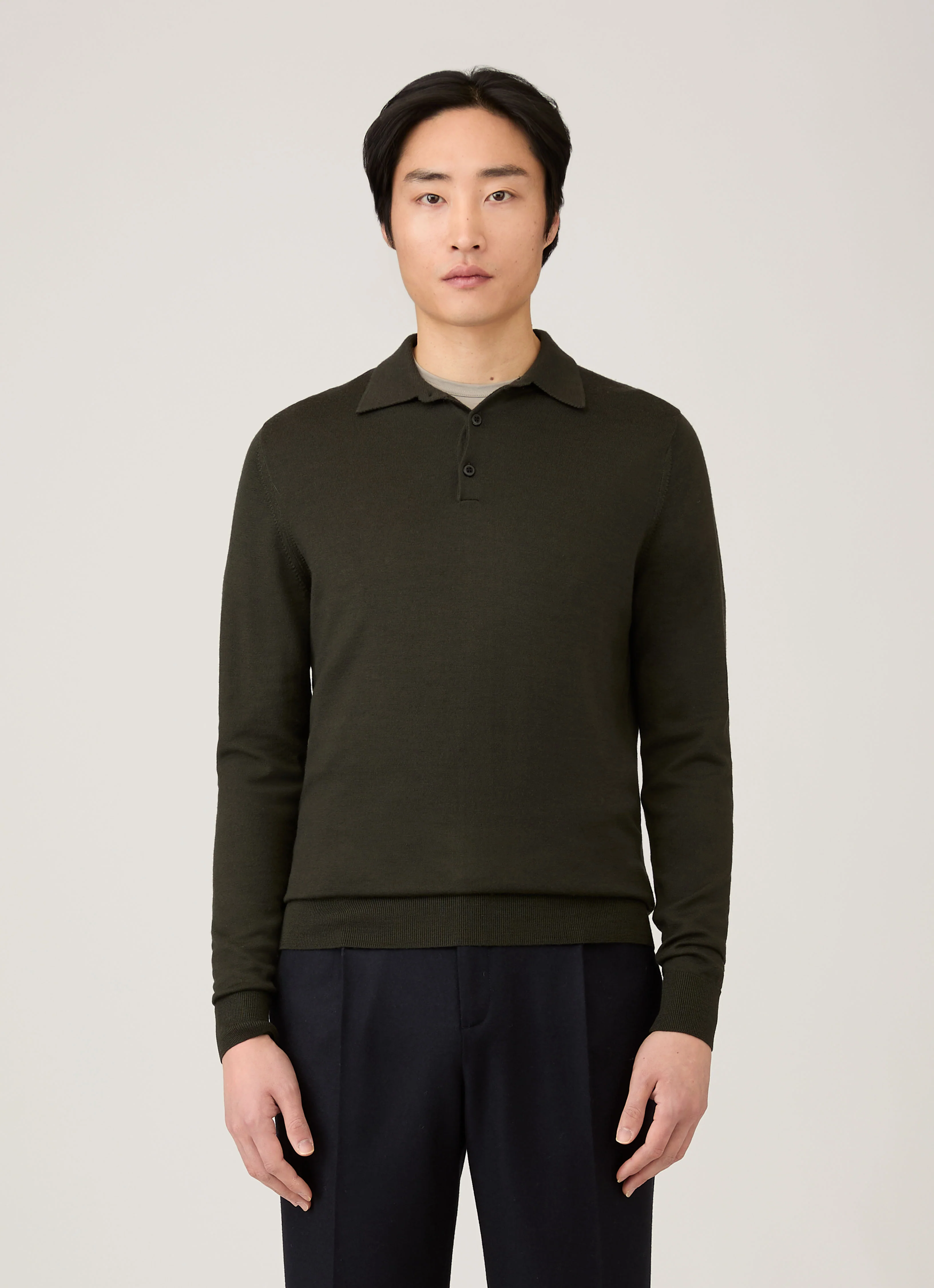 Men's Extra-Fine Merino Knitted Polo Shirt in Dark Green - Image 2