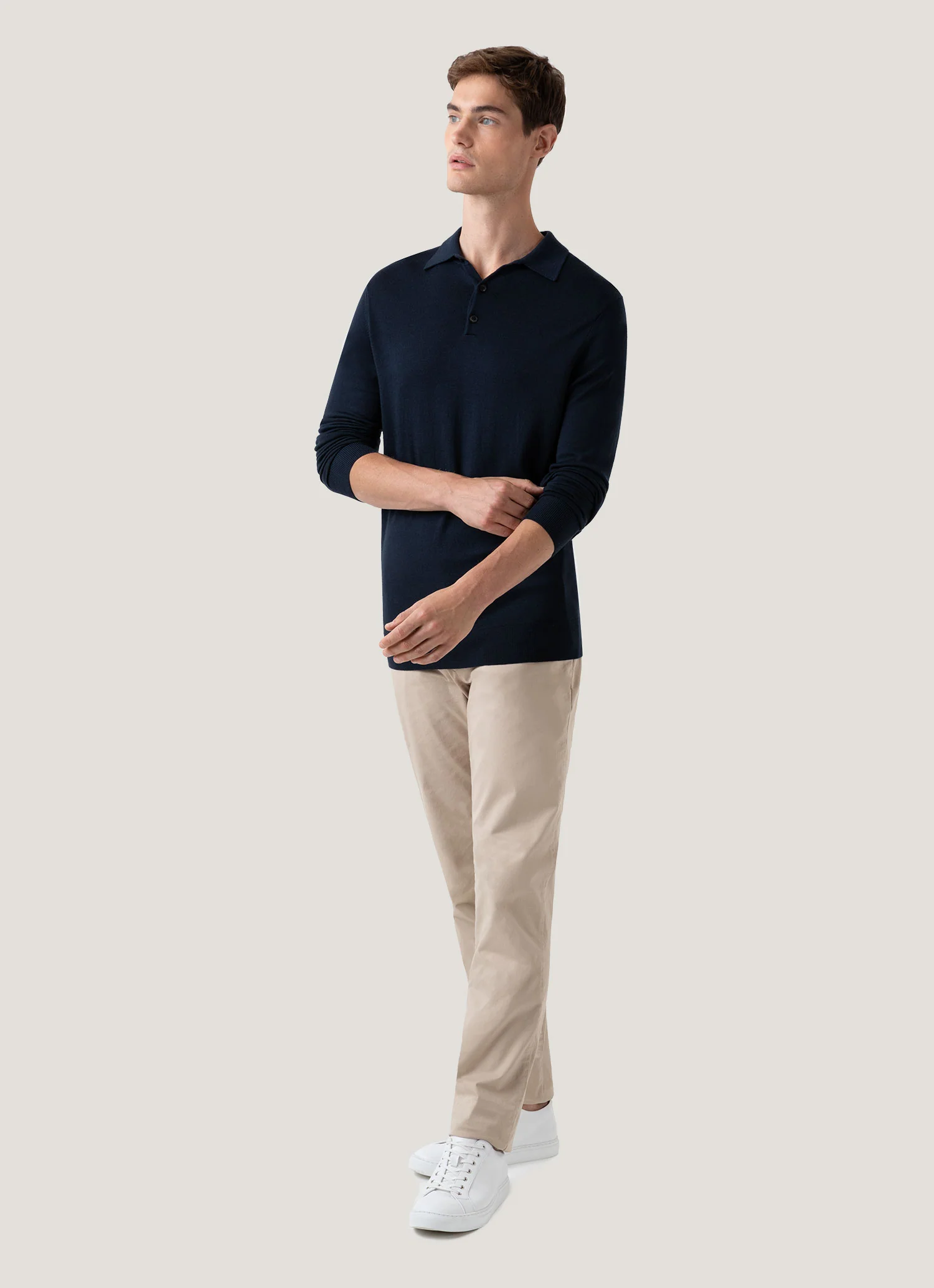 Men's Extra-Fine Merino Knitted Polo Shirt in Light Navy - Image 3