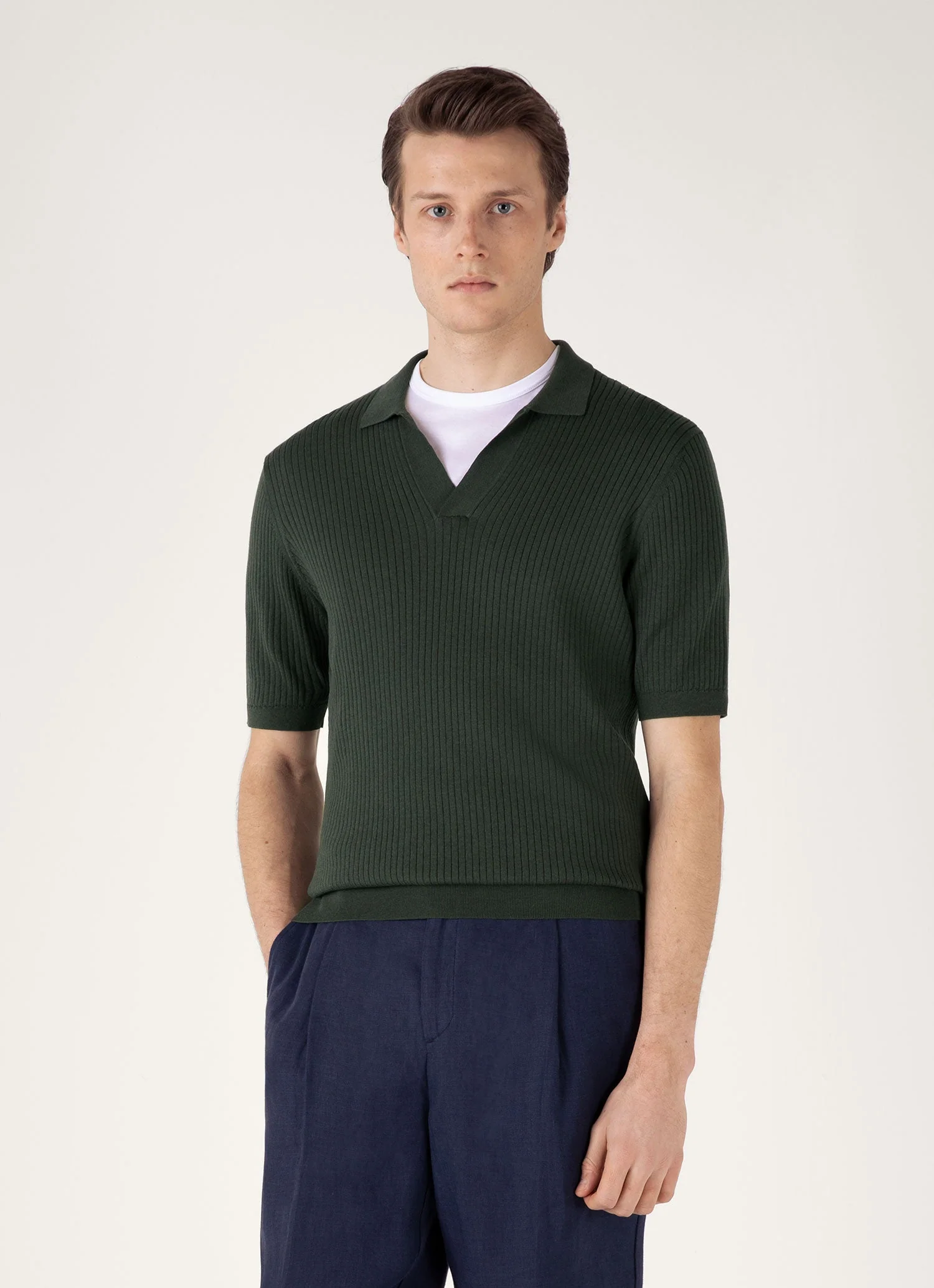 Men's Fine Rib Silk Cotton Polo in Dusk Green - Image 2
