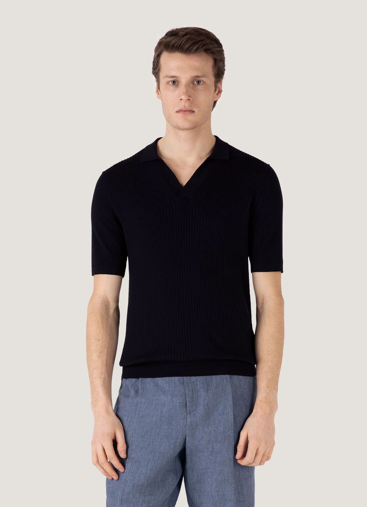 Men's Fine Rib Silk Cotton Polo in Navy - Image 2