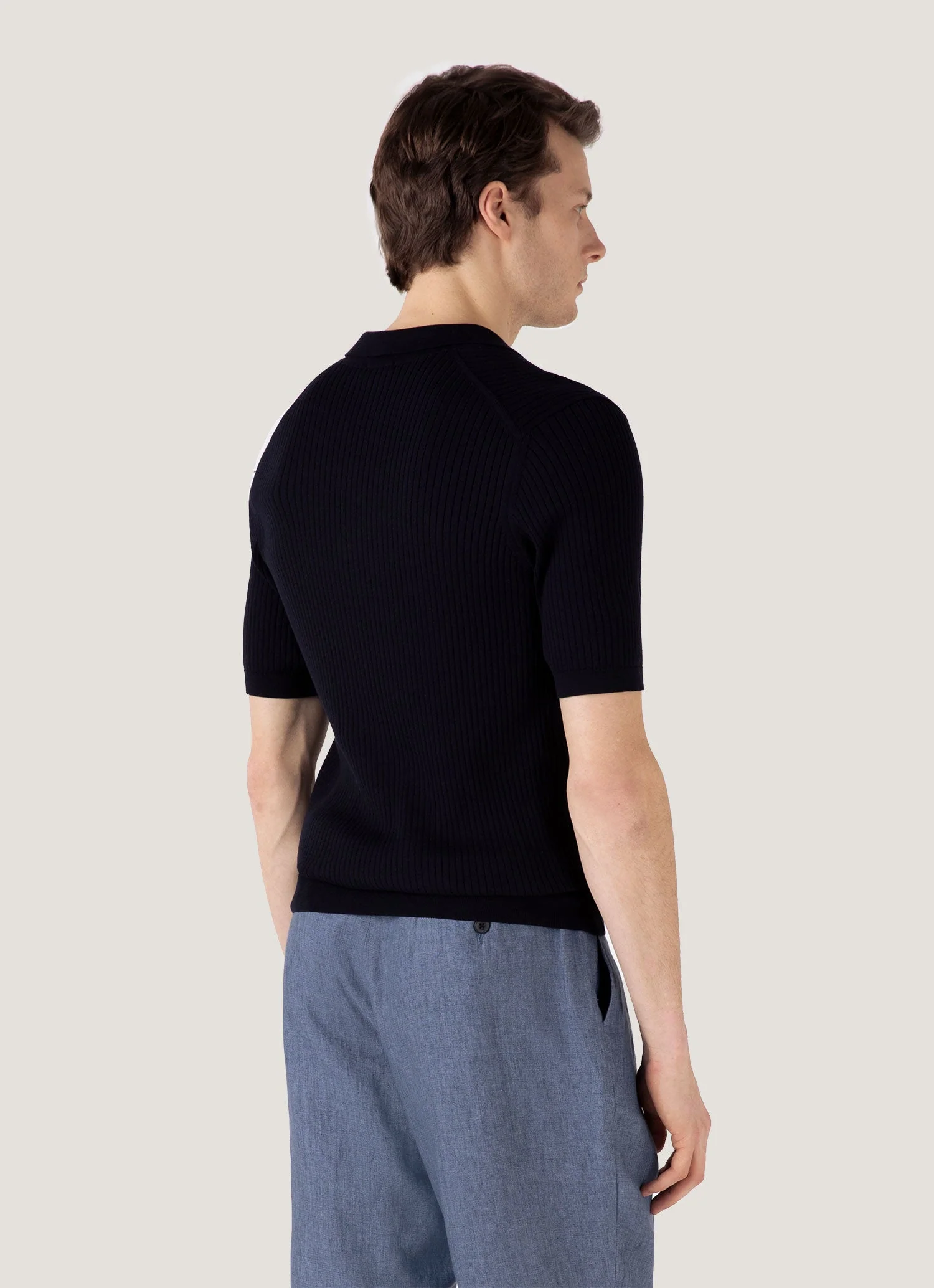 Men's Fine Rib Silk Cotton Polo in Navy - Image 5