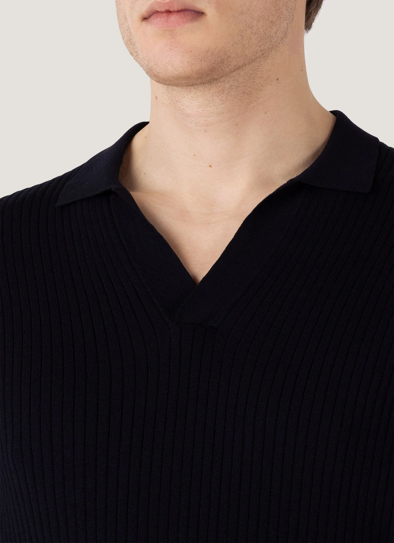 Men's Fine Rib Silk Cotton Polo in Navy - Image 6