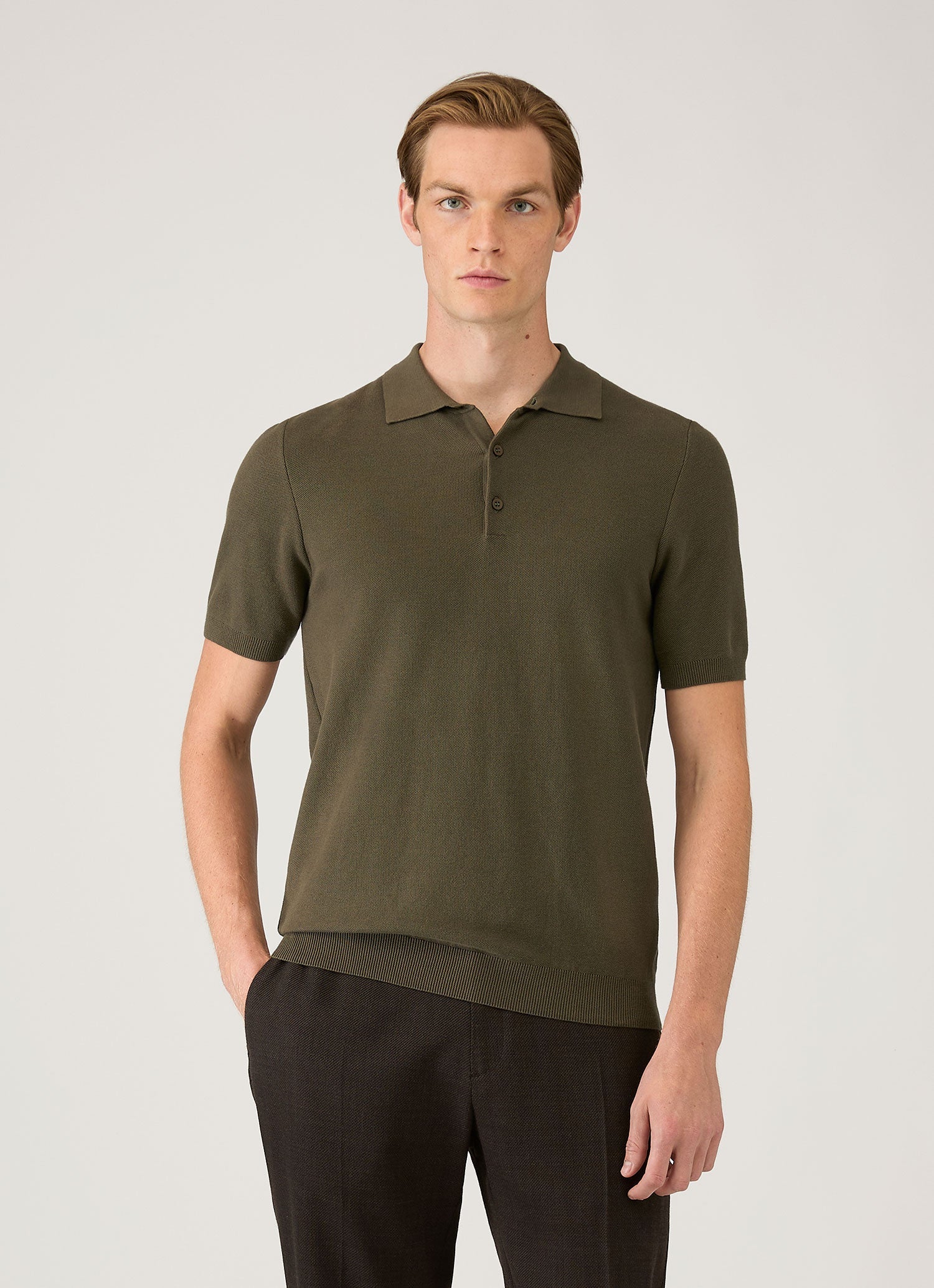 Men's Cotton Knit Polo Shirt in Khaki - Image 2