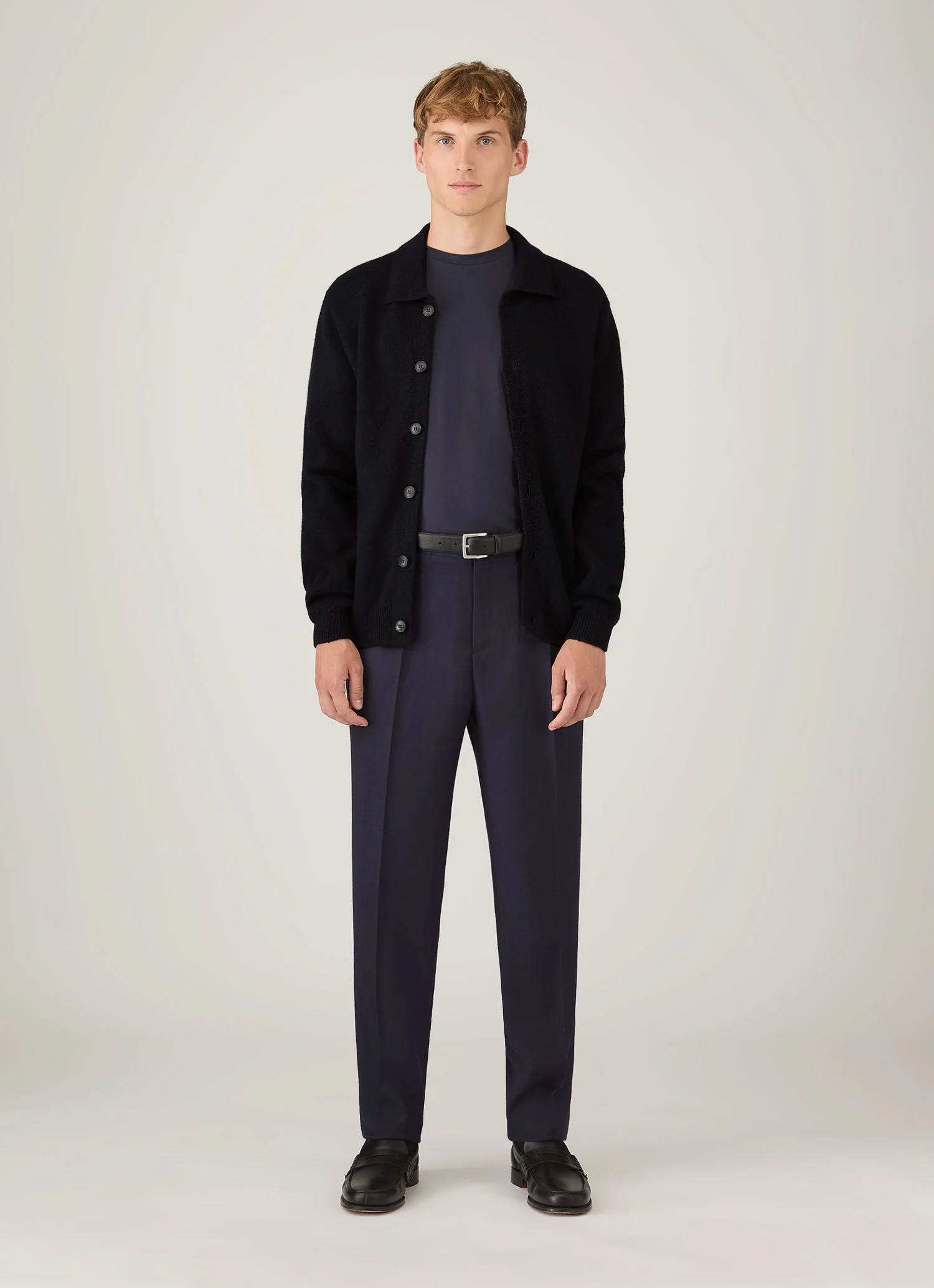 Men's Lambswool Cardigan in Dark Navy Mouline - Image 3