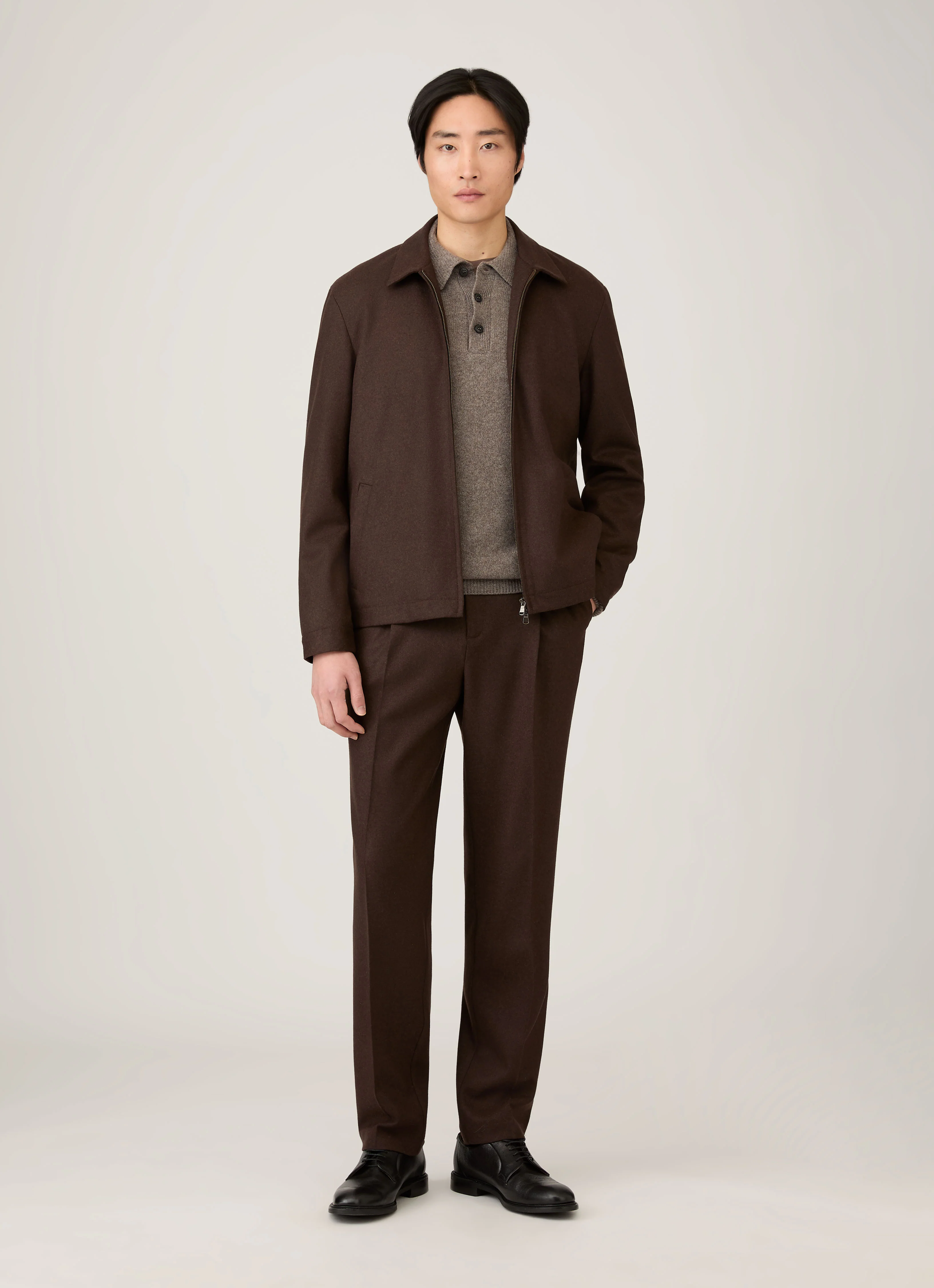 Men's Lambswool Knitted Polo Shirt in Bark - Image 3