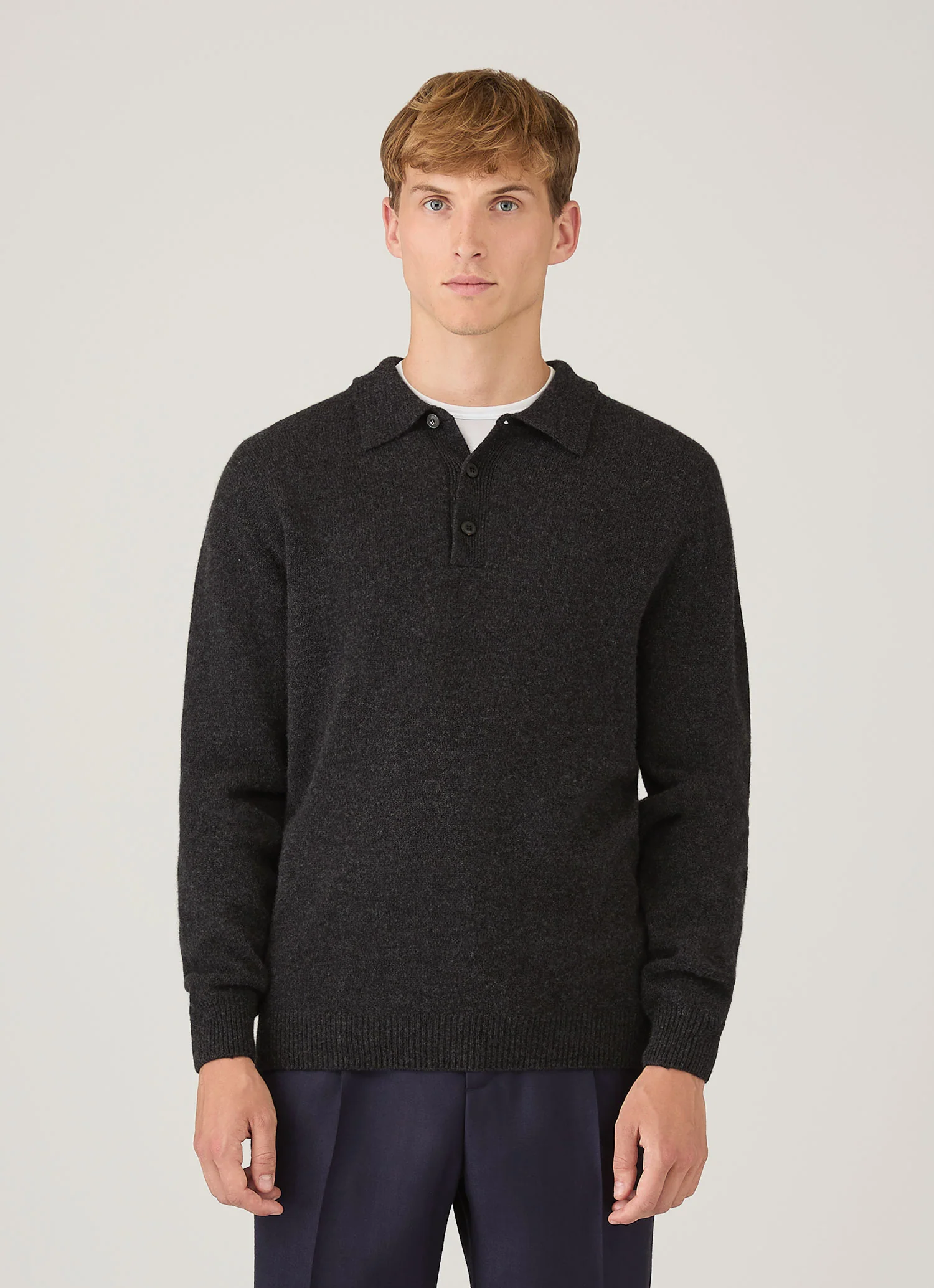 Men's Lambswool Knitted Polo Shirt in Charcoal Melange - Image 2