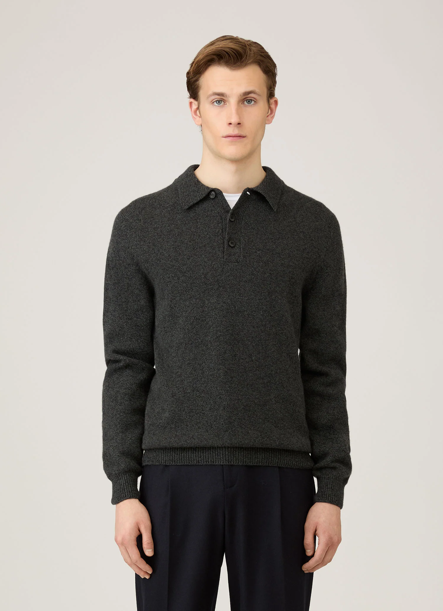 Men's Lambswool Knitted Polo Shirt in Dark Green Twist - Image 2