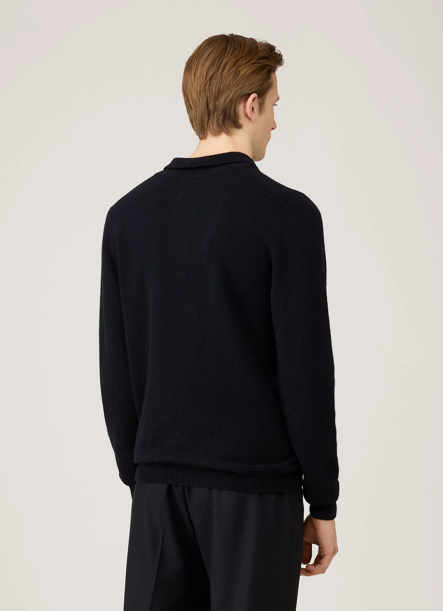 Men's Lambswool Knitted Polo Shirt in Dark Navy Mouline - Image 5