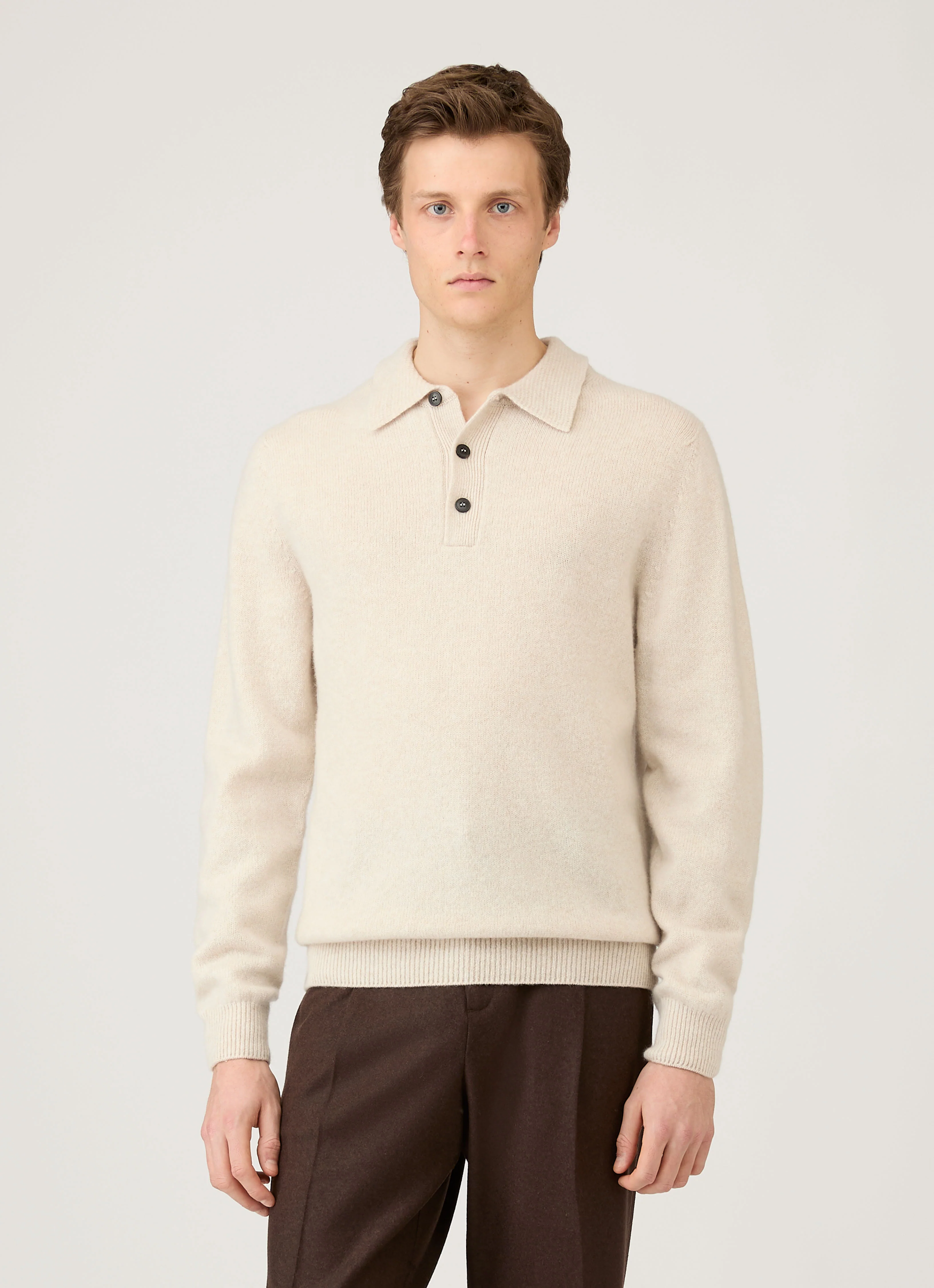 Men's Lambswool Knitted Polo Shirt in Oatmeal Melange - Image 2