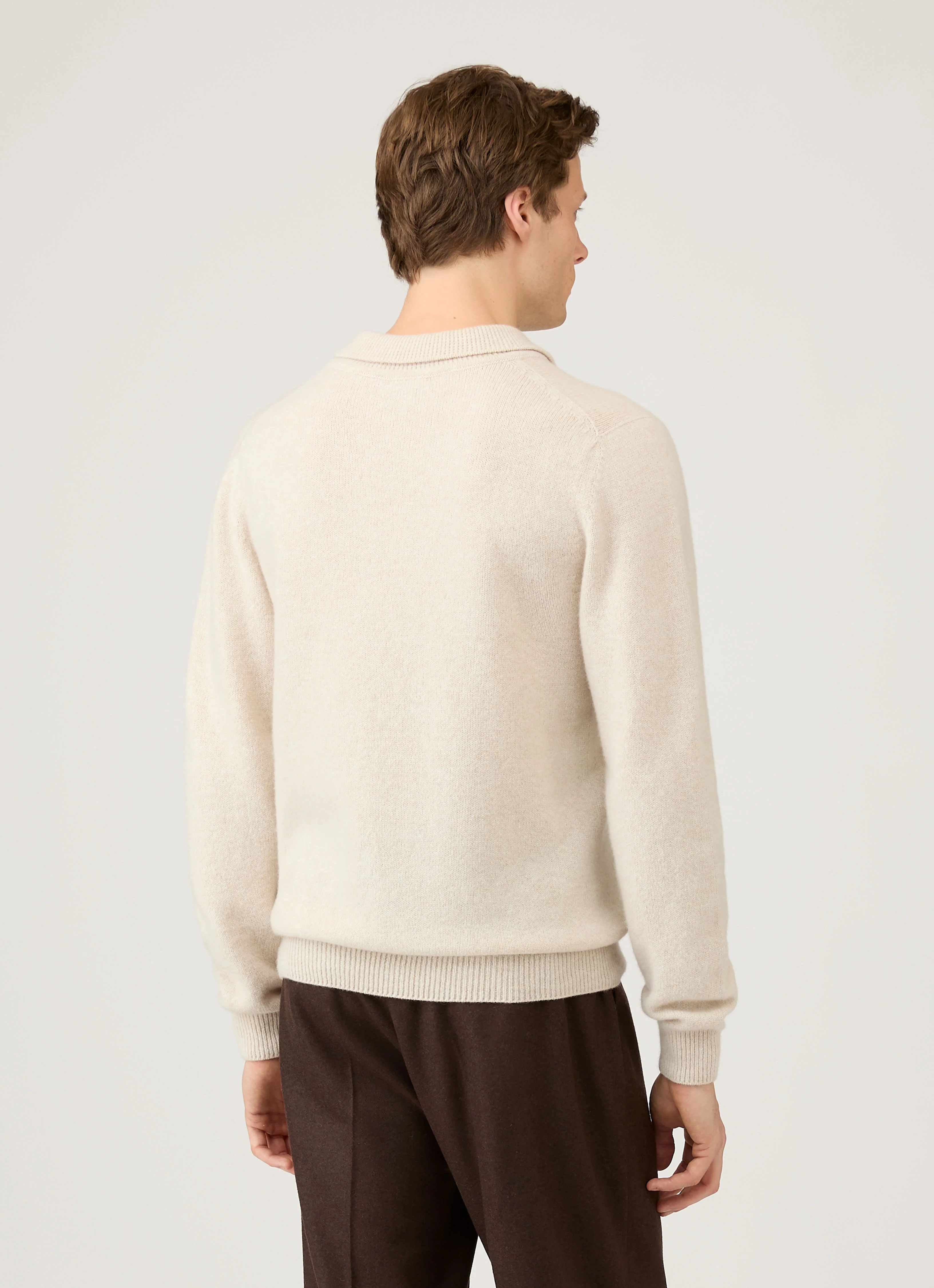 Men's Lambswool Knitted Polo Shirt in Oatmeal Melange - Image 5