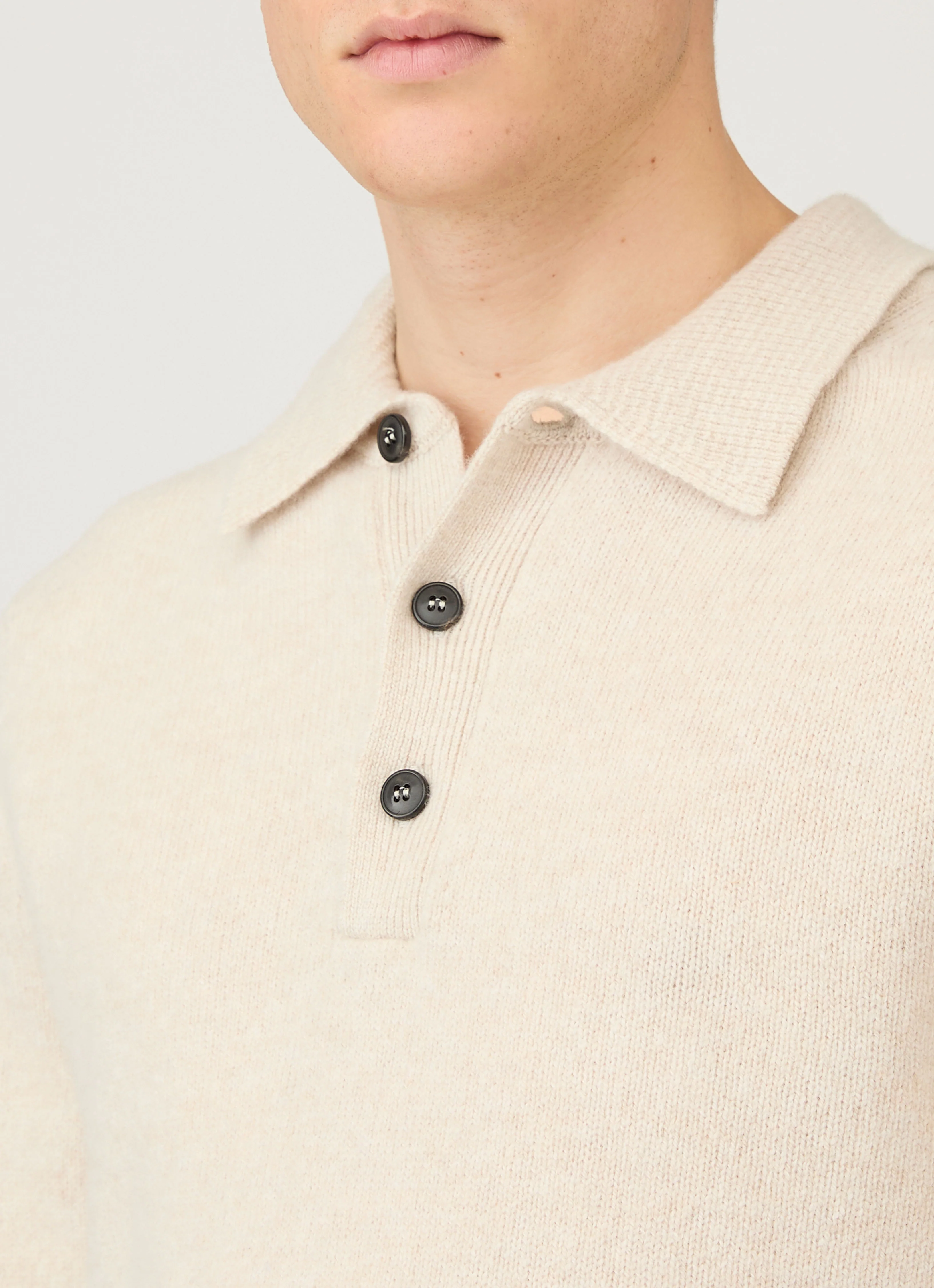 Men's Lambswool Knitted Polo Shirt in Oatmeal Melange - Image 6