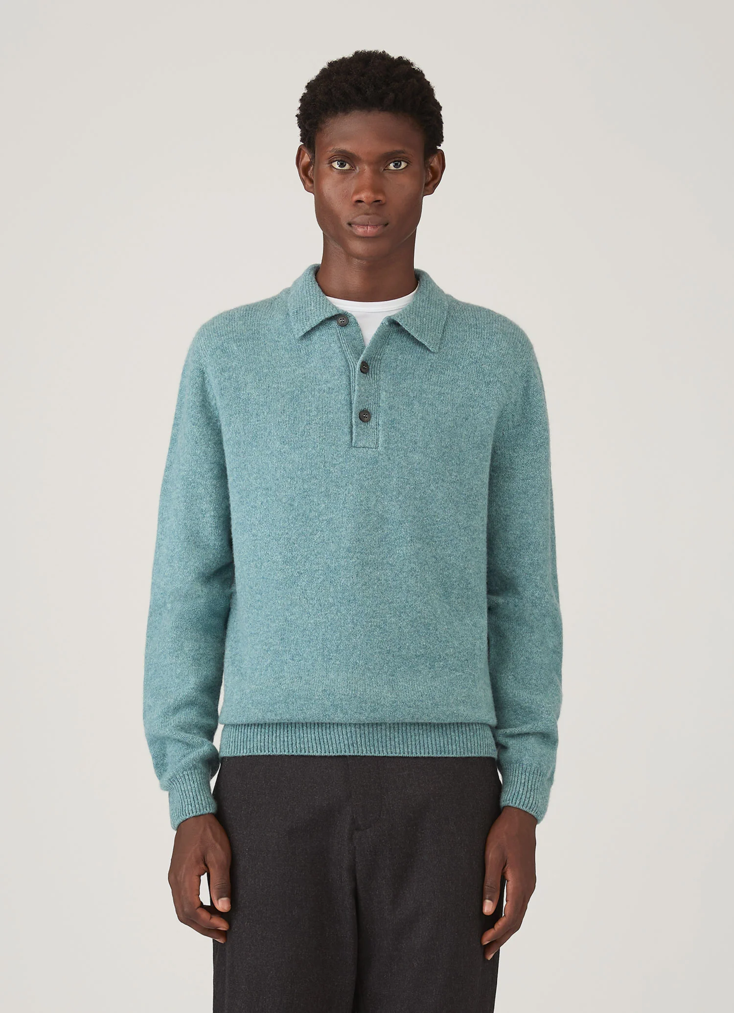Men's Lambswool Knitted Polo Shirt in Steel Green - Image 2