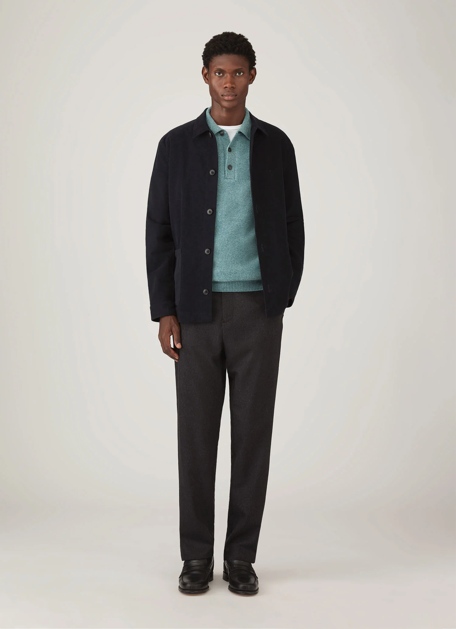 Men's Lambswool Knitted Polo Shirt in Steel Green - Image 3