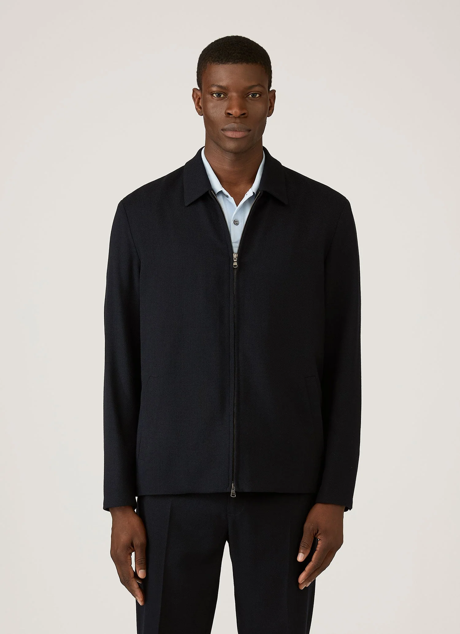 Men's Light Textured Wool Harrington Jacket in Navy - Image 2