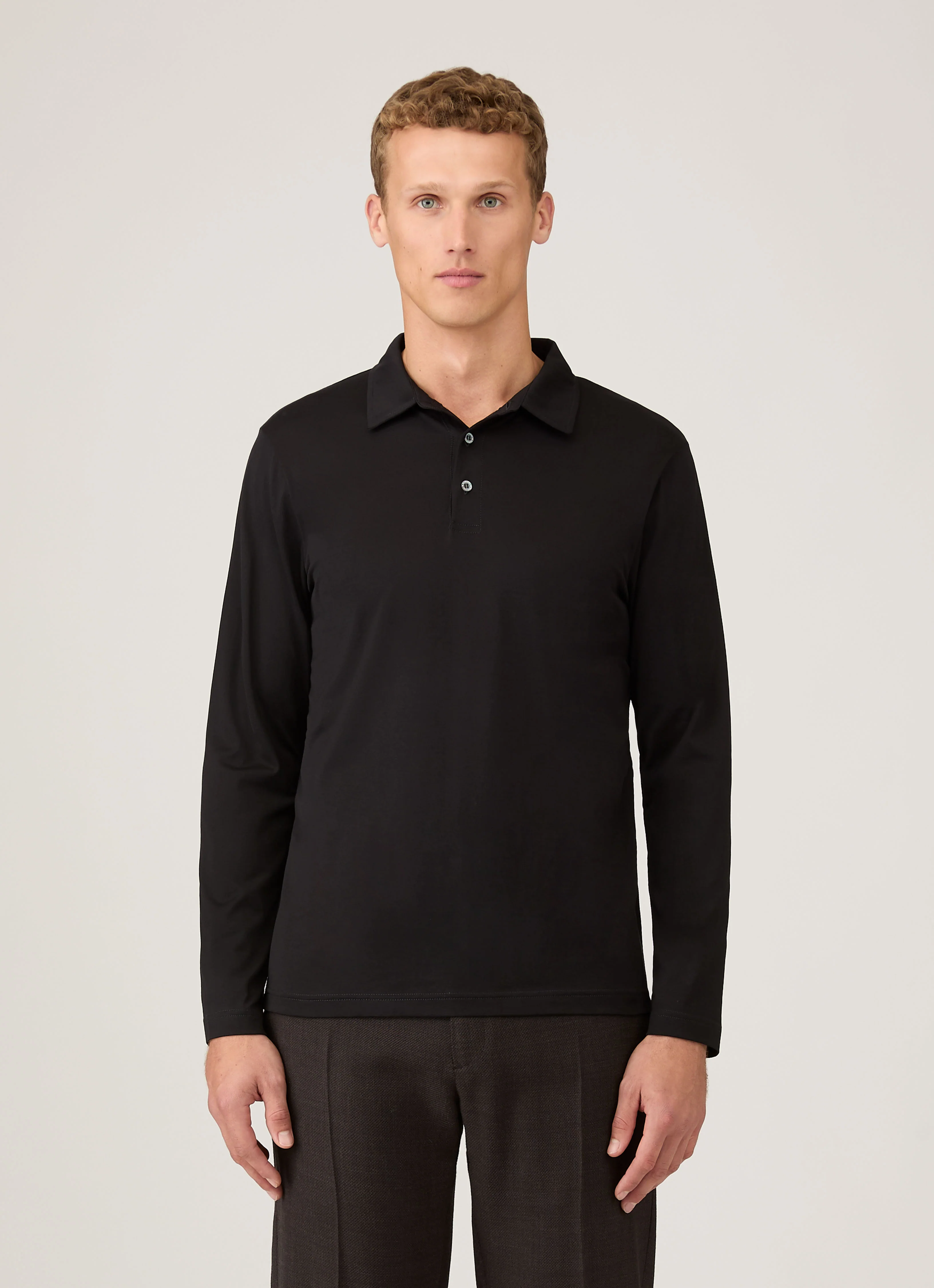 Men's Long Sleeve Classic Jersey Polo Shirt in Black - Image 2
