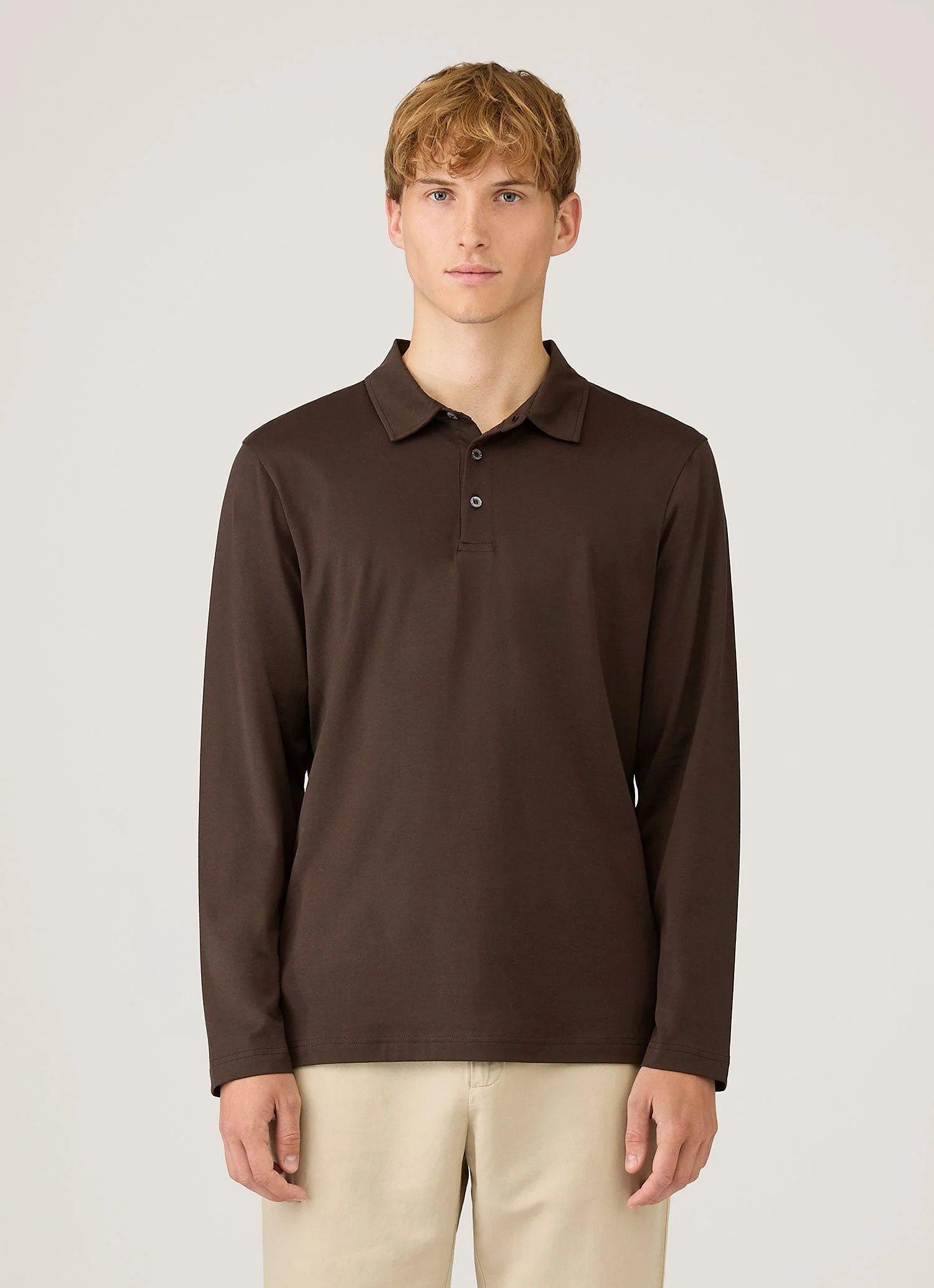 Men's Long Sleeve Classic Jersey Polo Shirt in Dark Chocolate - Image 2