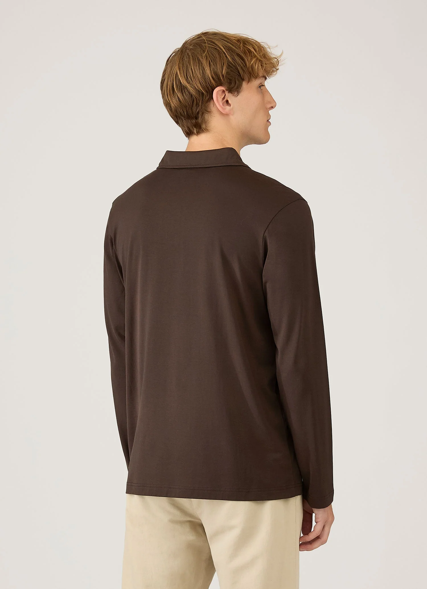 Men's Long Sleeve Classic Jersey Polo Shirt in Dark Chocolate - Image 5