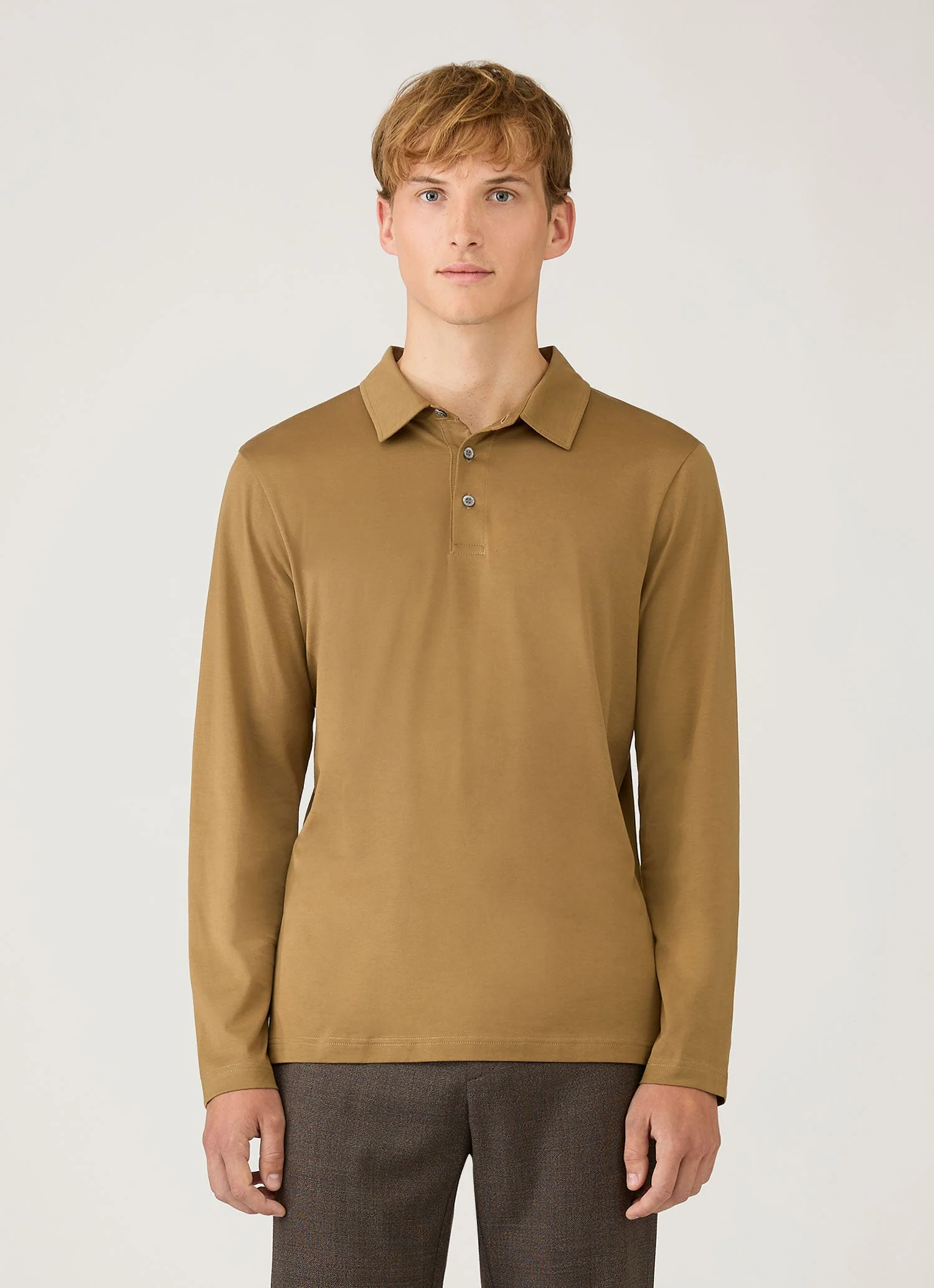 Men's Long Sleeve Classic Jersey Polo Shirt in Walnut - Image 2