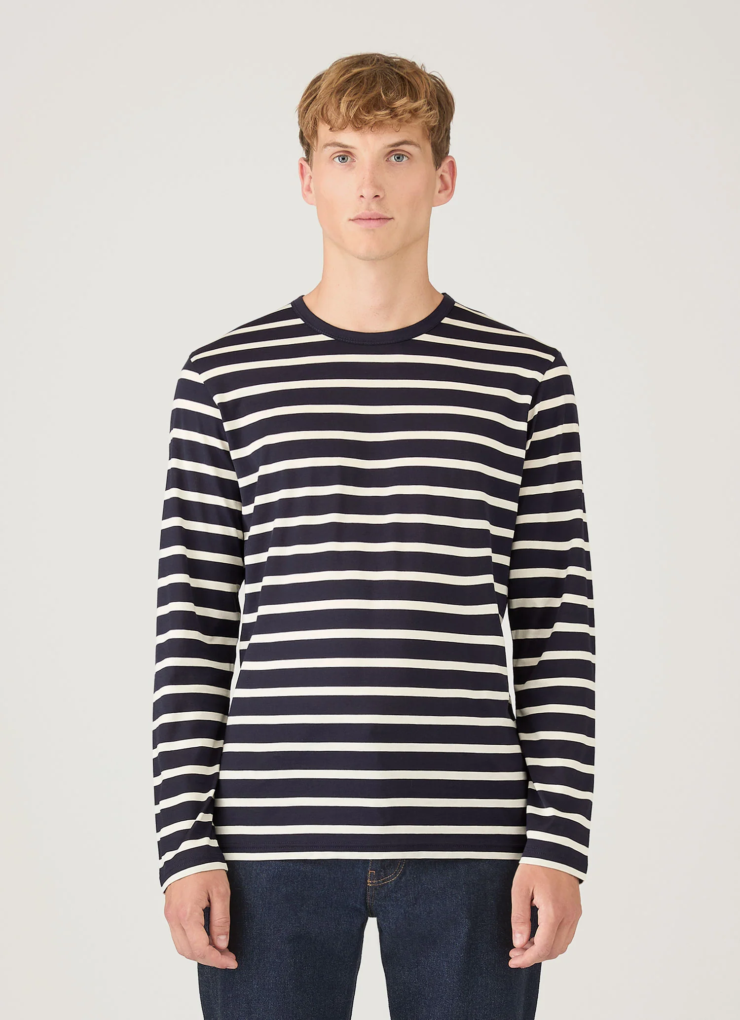 Men's Long Sleeve Classic T-shirt in Navy/Ecru Breton Stripe - Image 2