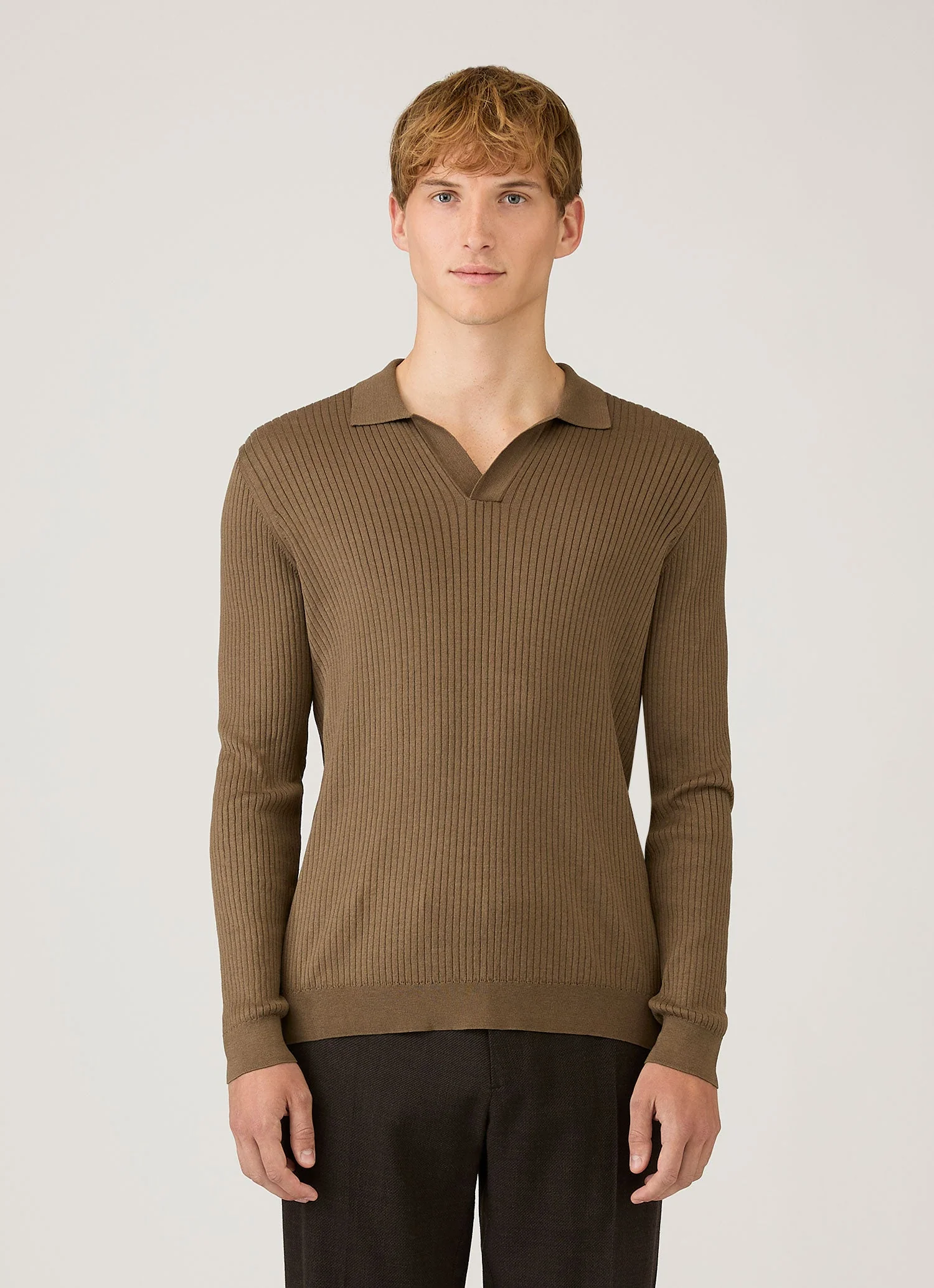 Men's Long Sleeve Fine Rib Silk Cotton Polo in Dark Cedar - Image 2