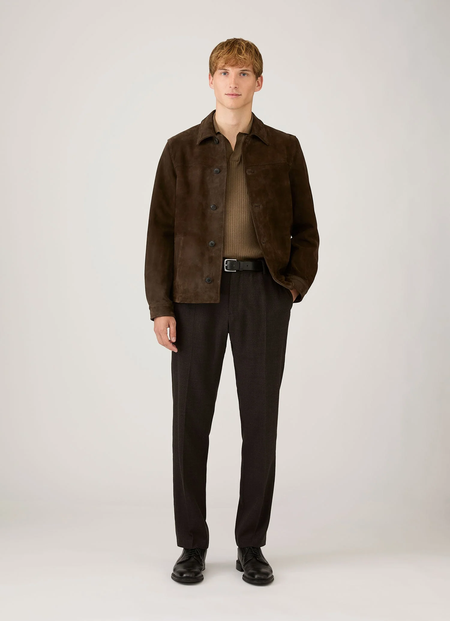 Men's Long Sleeve Fine Rib Silk Cotton Polo in Dark Cedar - Image 3