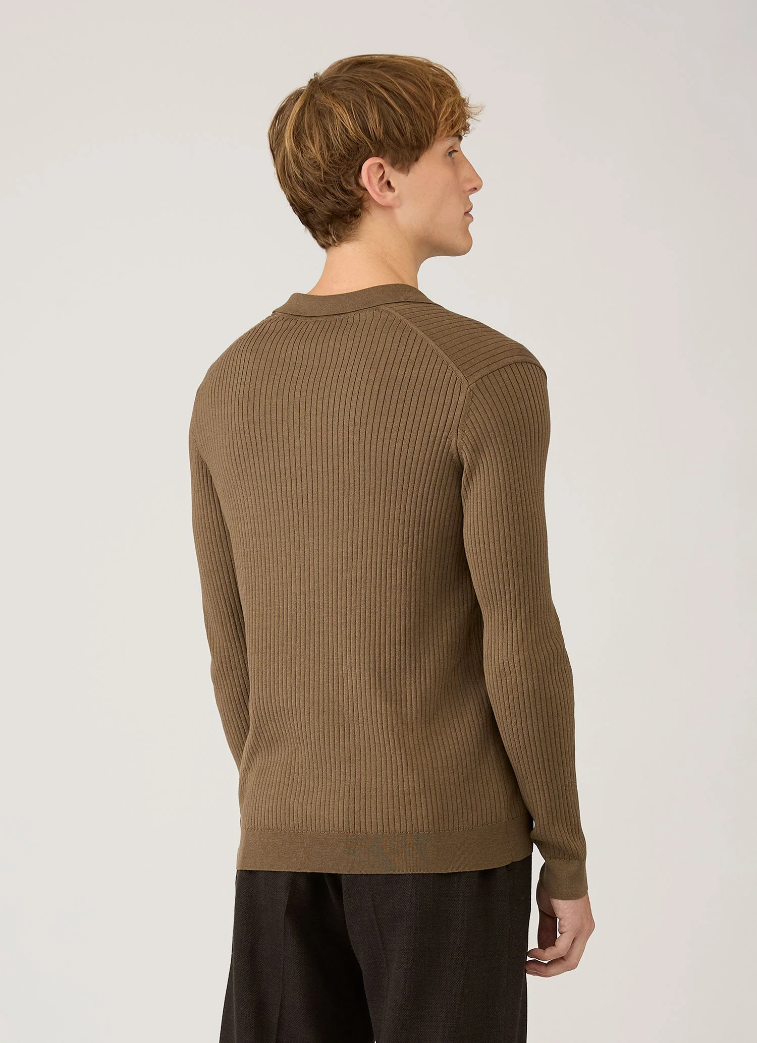 Men's Long Sleeve Fine Rib Silk Cotton Polo in Dark Cedar - Image 5