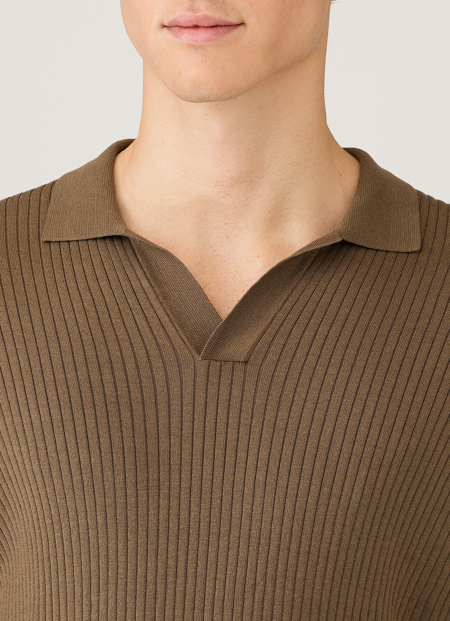 Men's Long Sleeve Fine Rib Silk Cotton Polo in Dark Cedar - Image 6