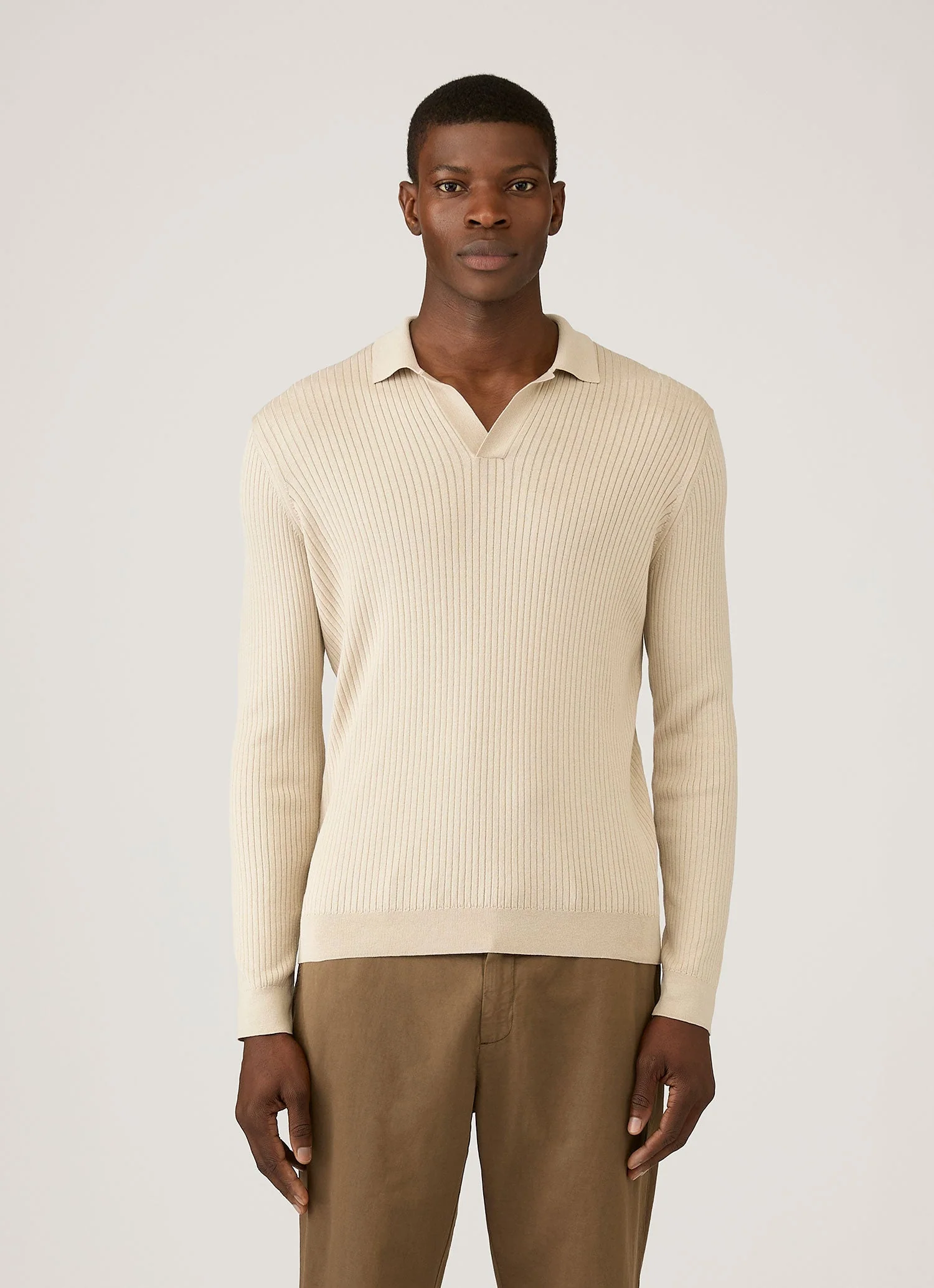 Men's Long Sleeve Fine Rib Silk Cotton Polo in Hazelwood - Image 2