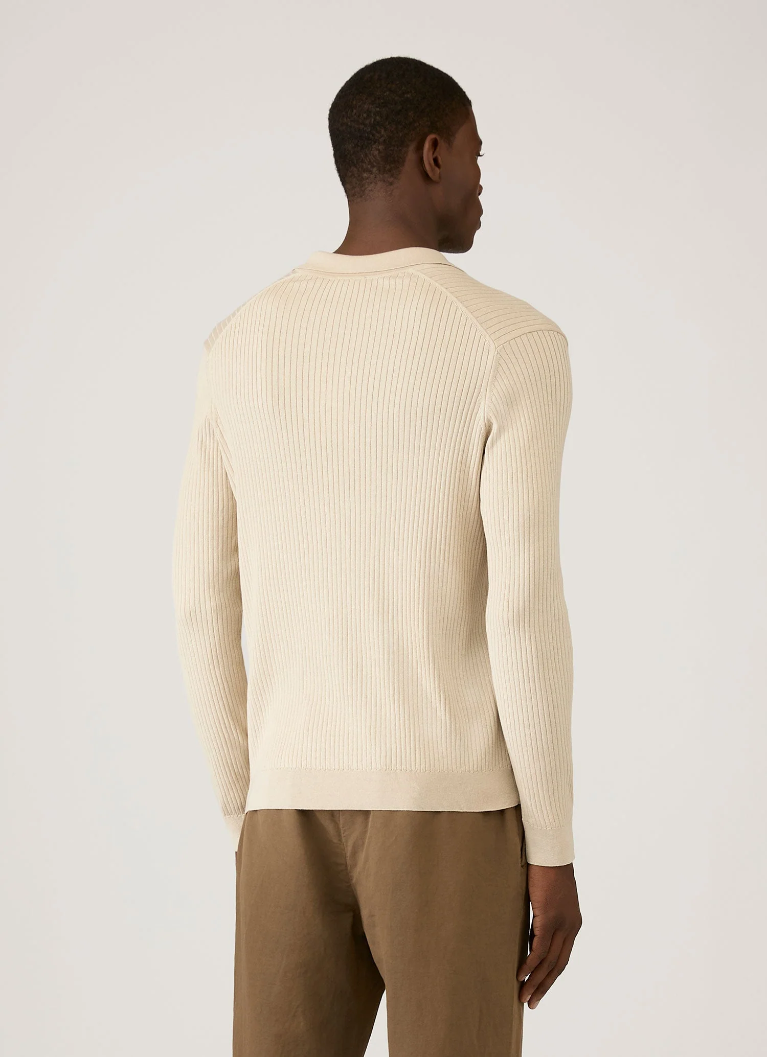Men's Long Sleeve Fine Rib Silk Cotton Polo in Hazelwood - Image 5