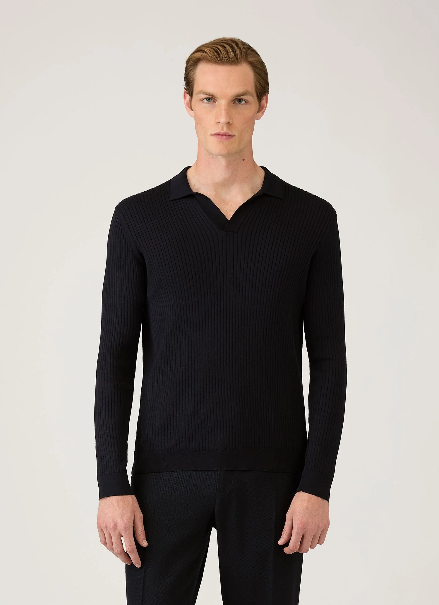 Men's Long Sleeve Fine Rib Silk Cotton Polo in Navy - Image 2