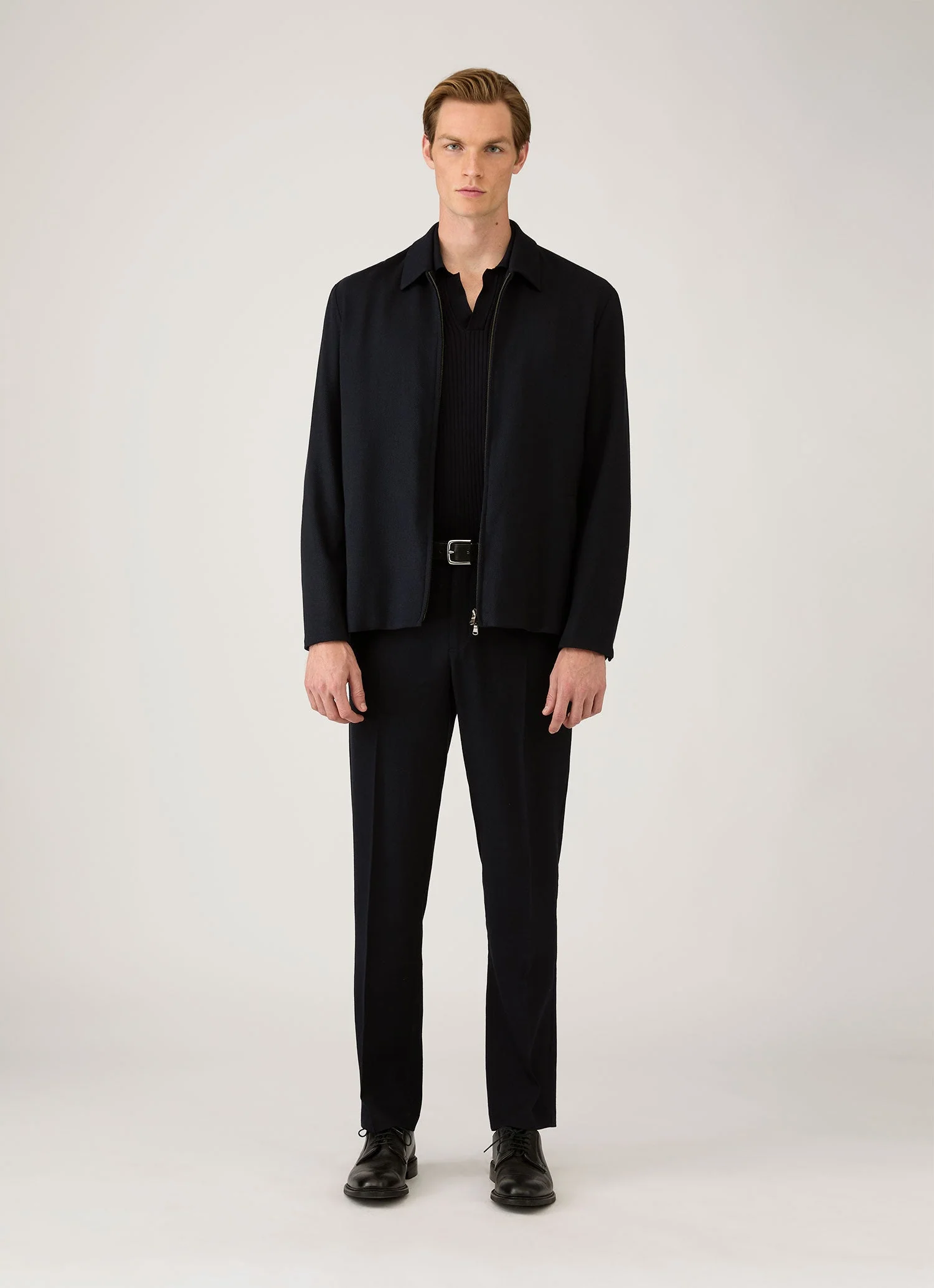 Men's Long Sleeve Fine Rib Silk Cotton Polo in Navy - Image 3
