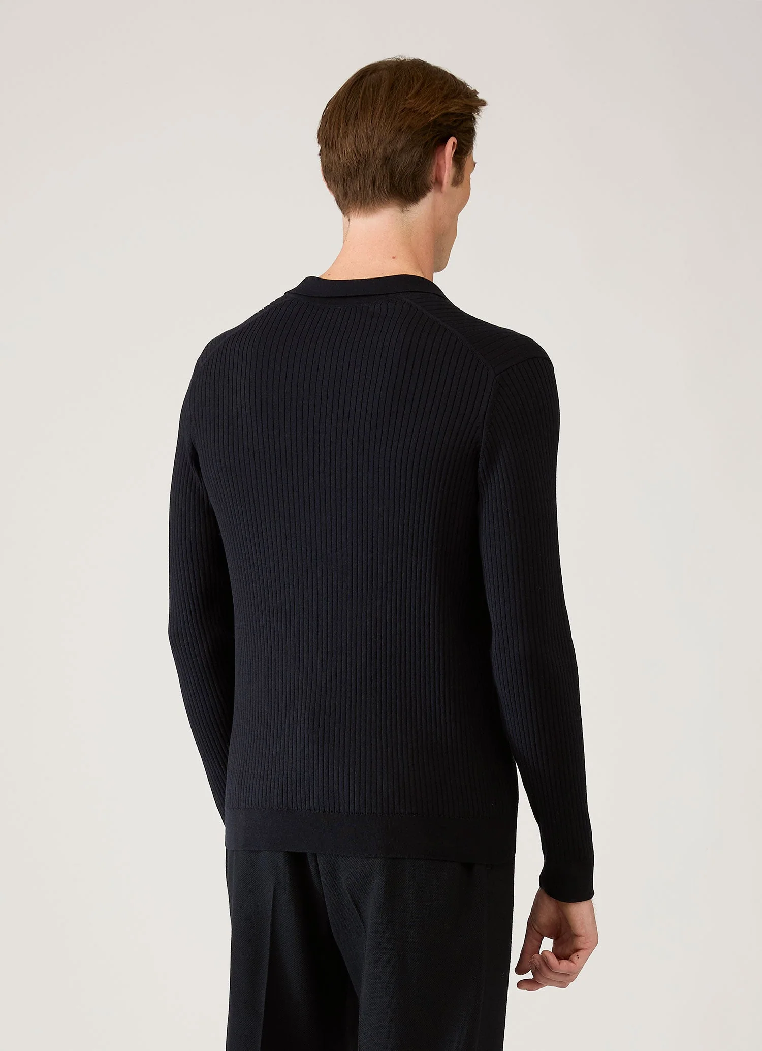 Men's Long Sleeve Fine Rib Silk Cotton Polo in Navy - Image 5