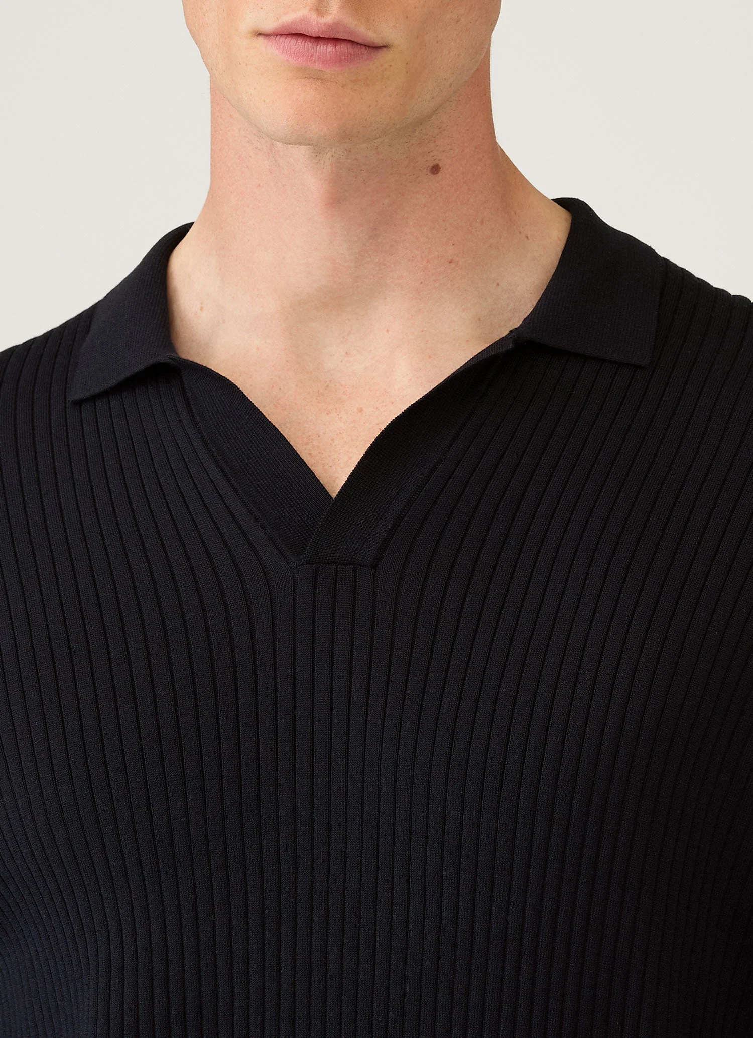 Men's Long Sleeve Fine Rib Silk Cotton Polo in Navy - Image 6