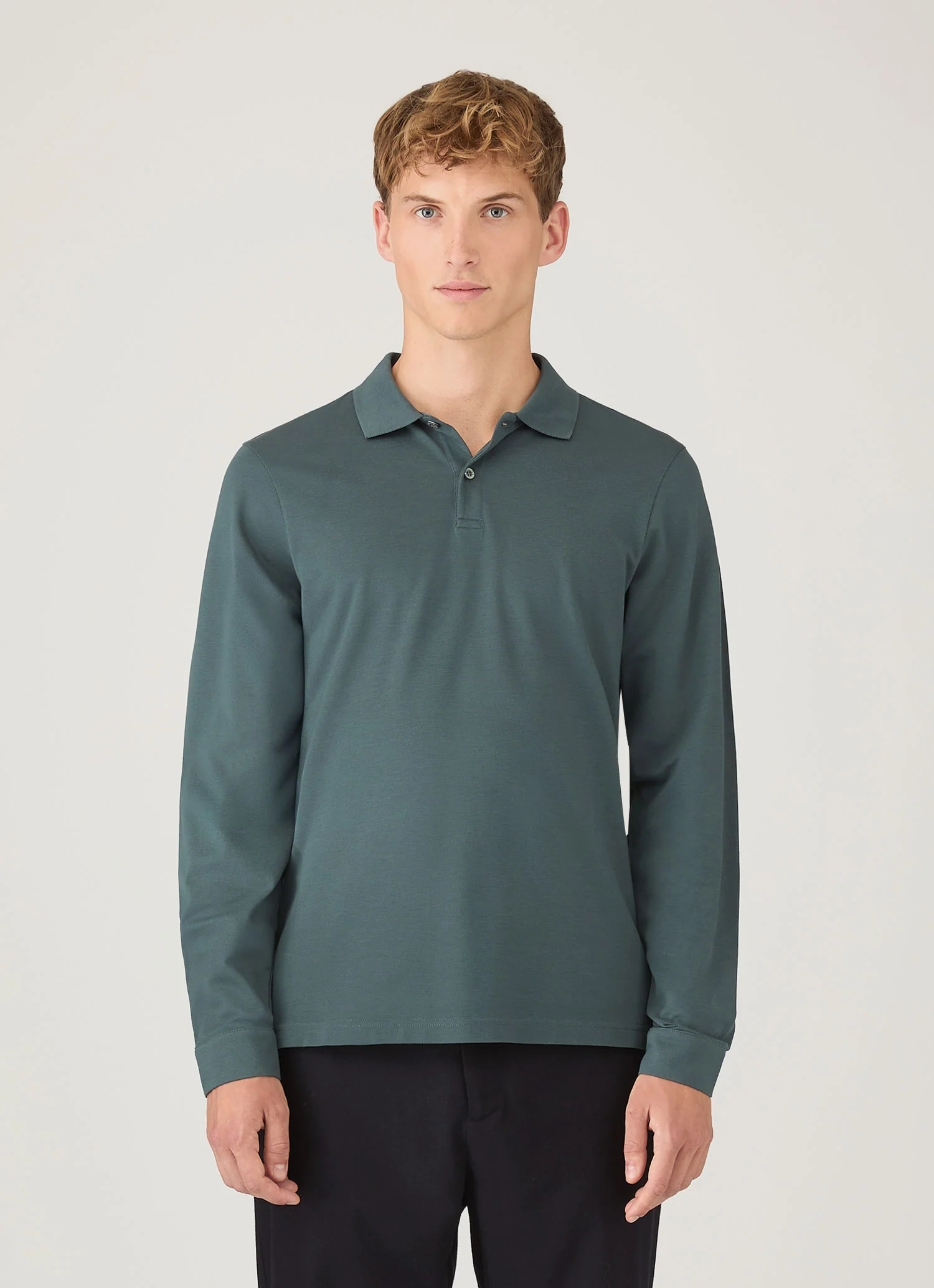 Men's Long Sleeve Piqué Polo Shirt in Dark Petrol - Image 2