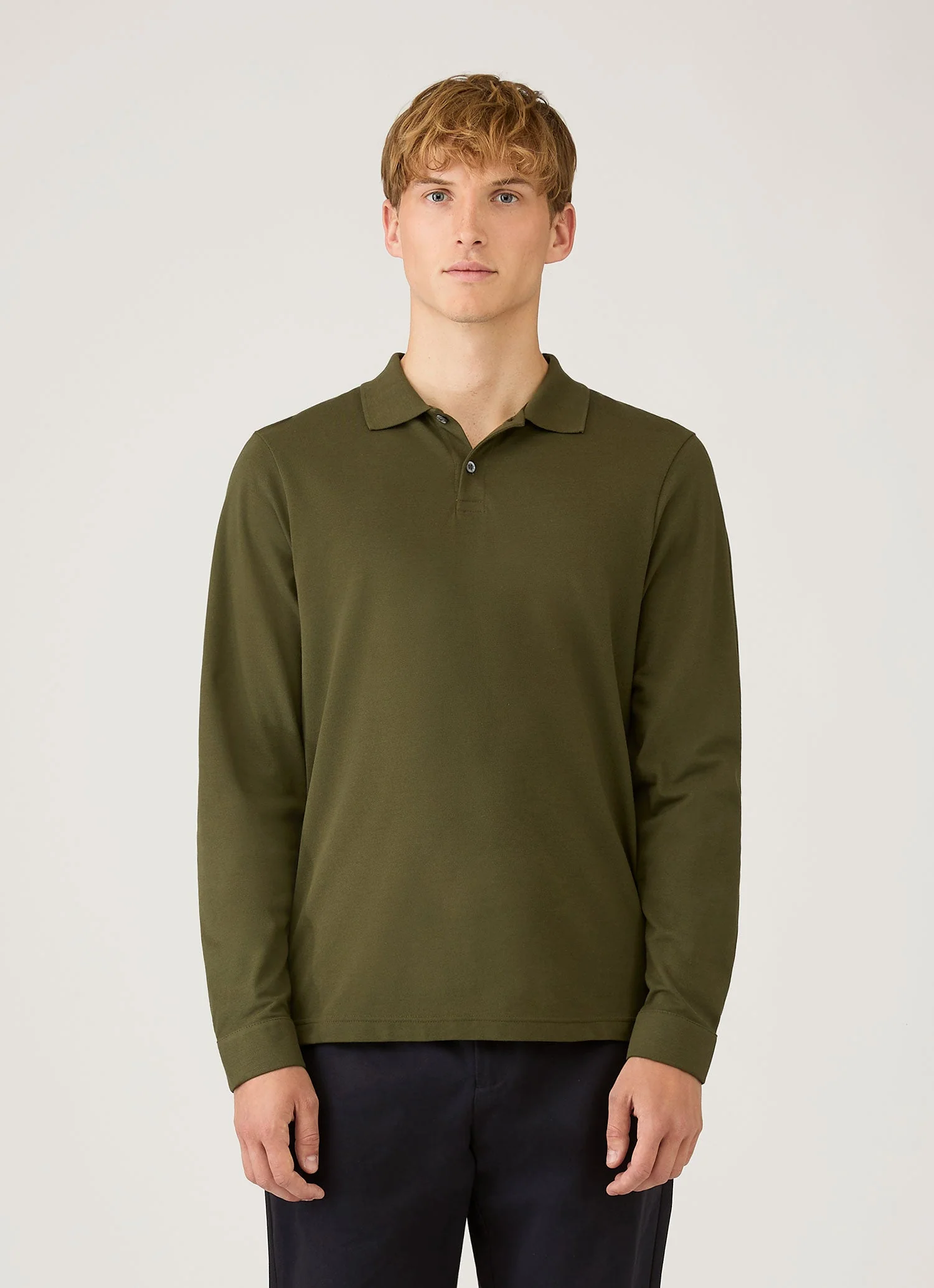 Men's Long Sleeve Piqué Polo Shirt in Deep Olive - Image 2