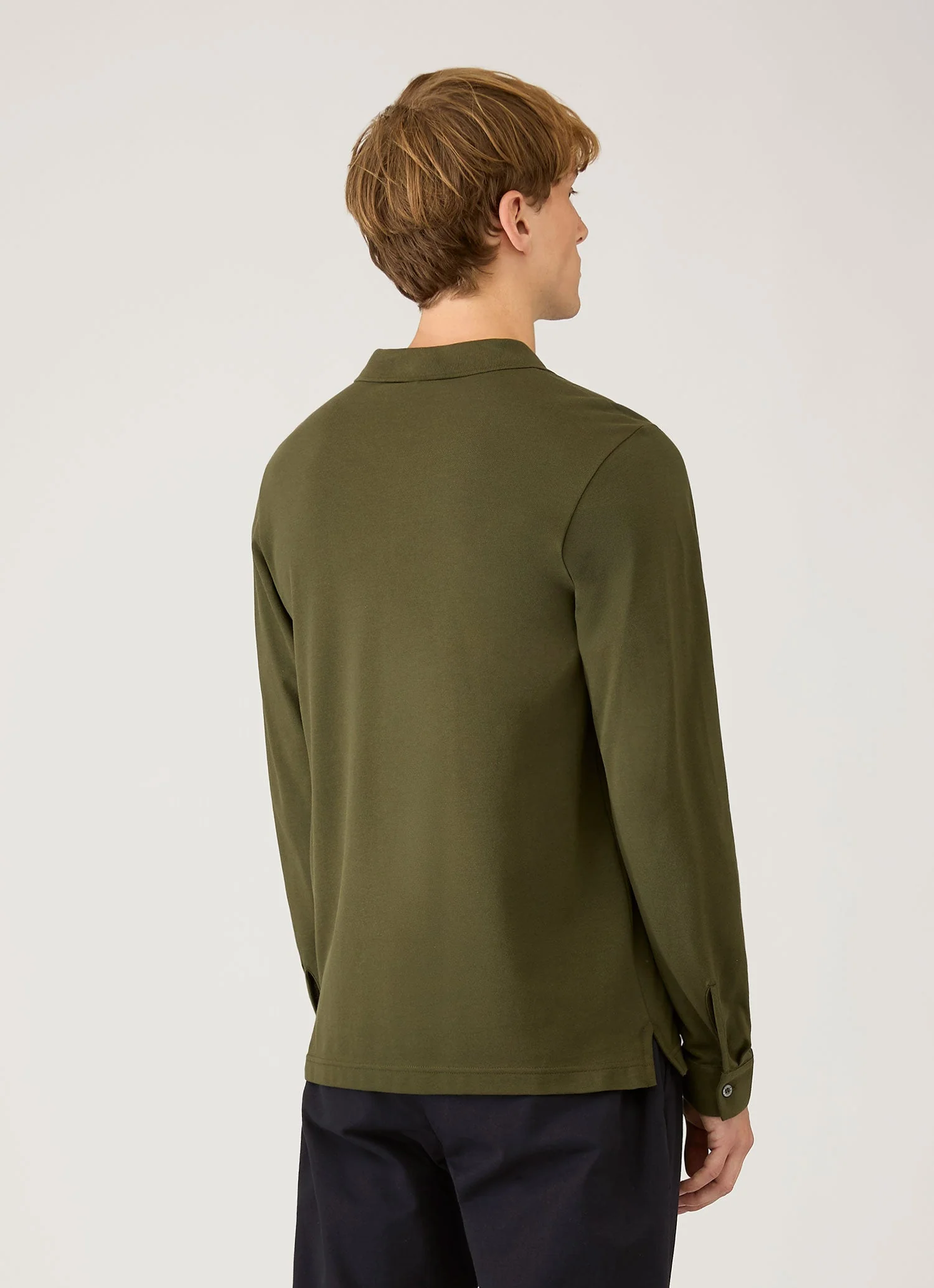 Men's Long Sleeve Piqué Polo Shirt in Deep Olive - Image 5