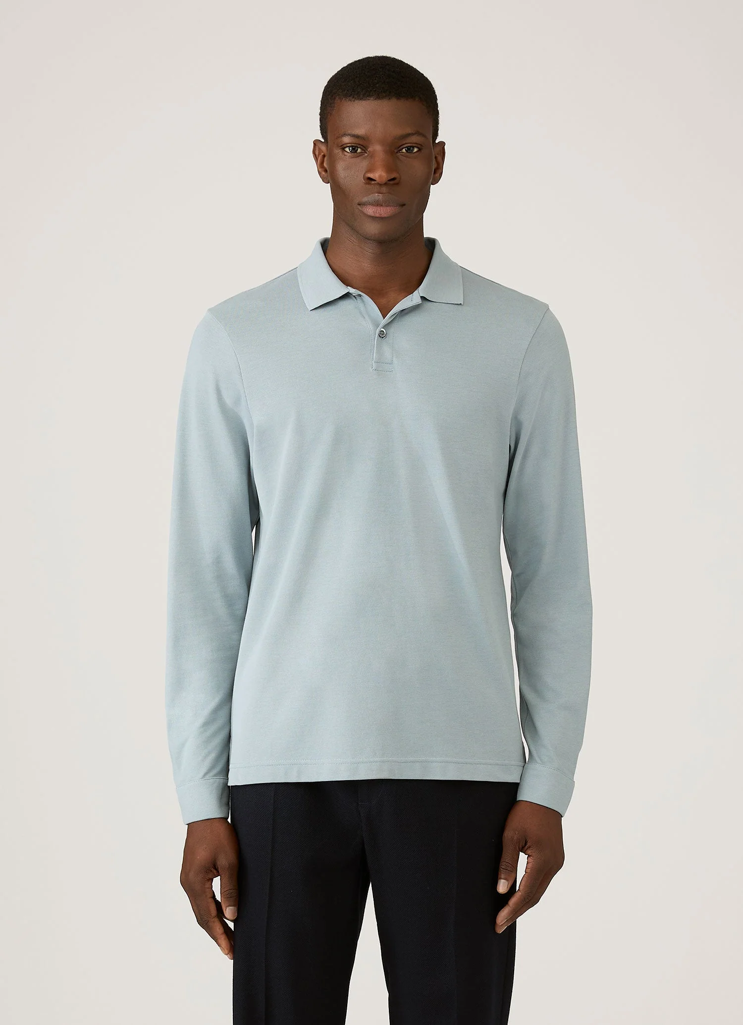 Men's Long Sleeve Piqué Polo Shirt in Stone Blue - Image 2