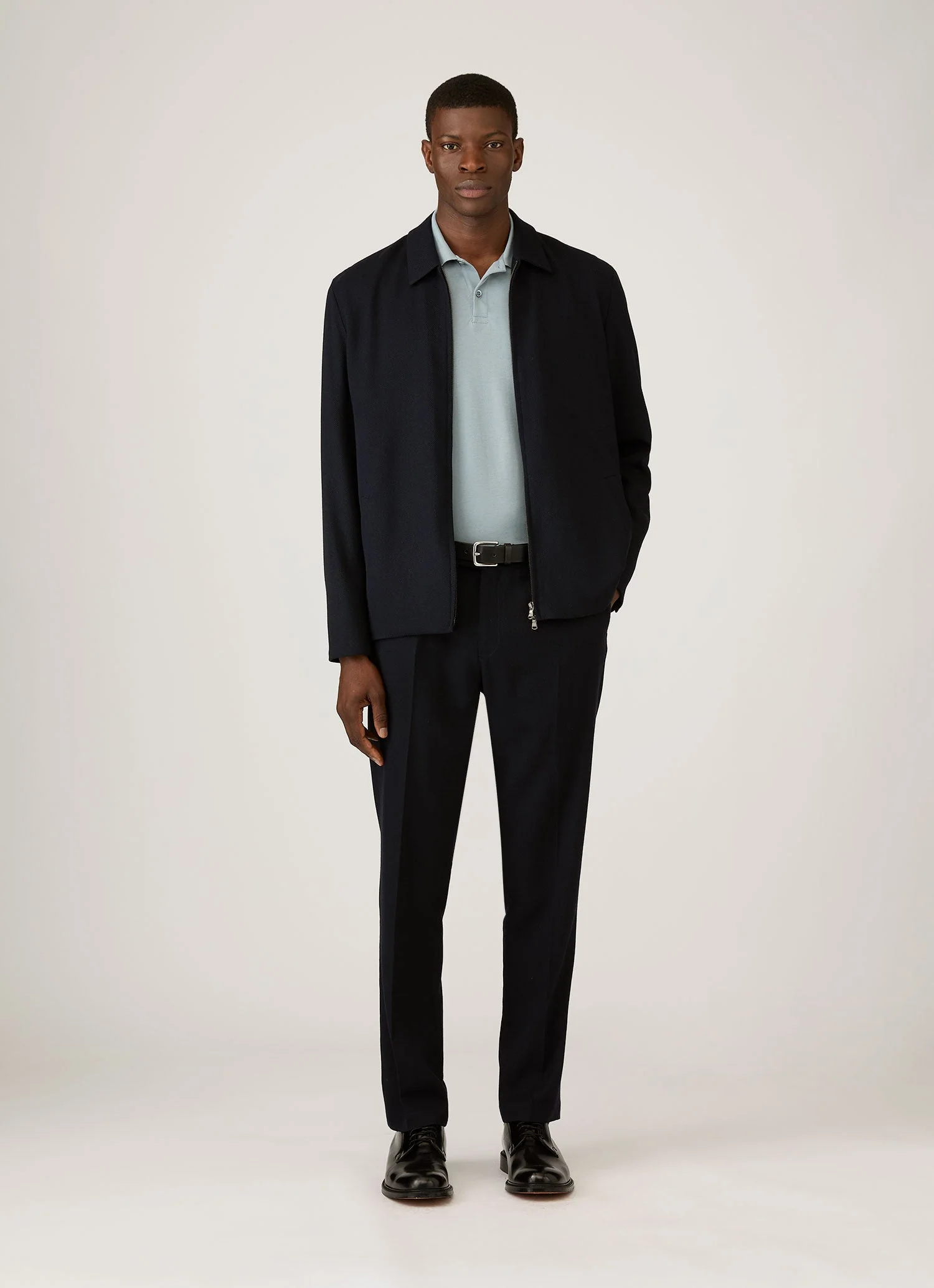 Men's Long Sleeve Piqué Polo Shirt in Stone Blue - Image 3
