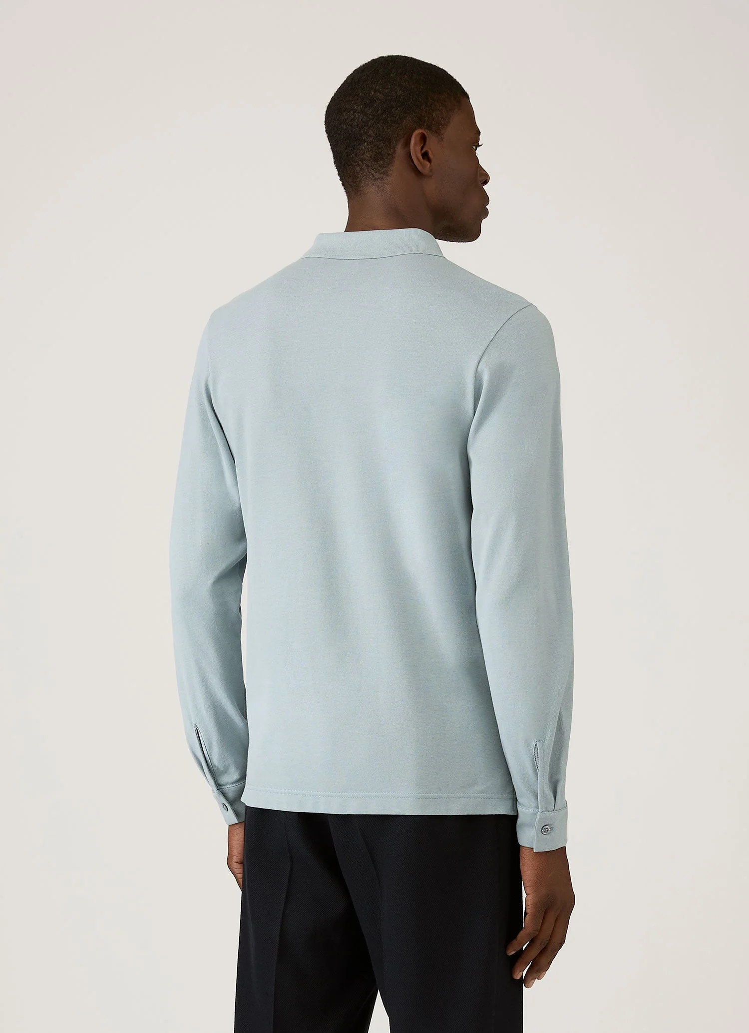 Men's Long Sleeve Piqué Polo Shirt in Stone Blue - Image 5