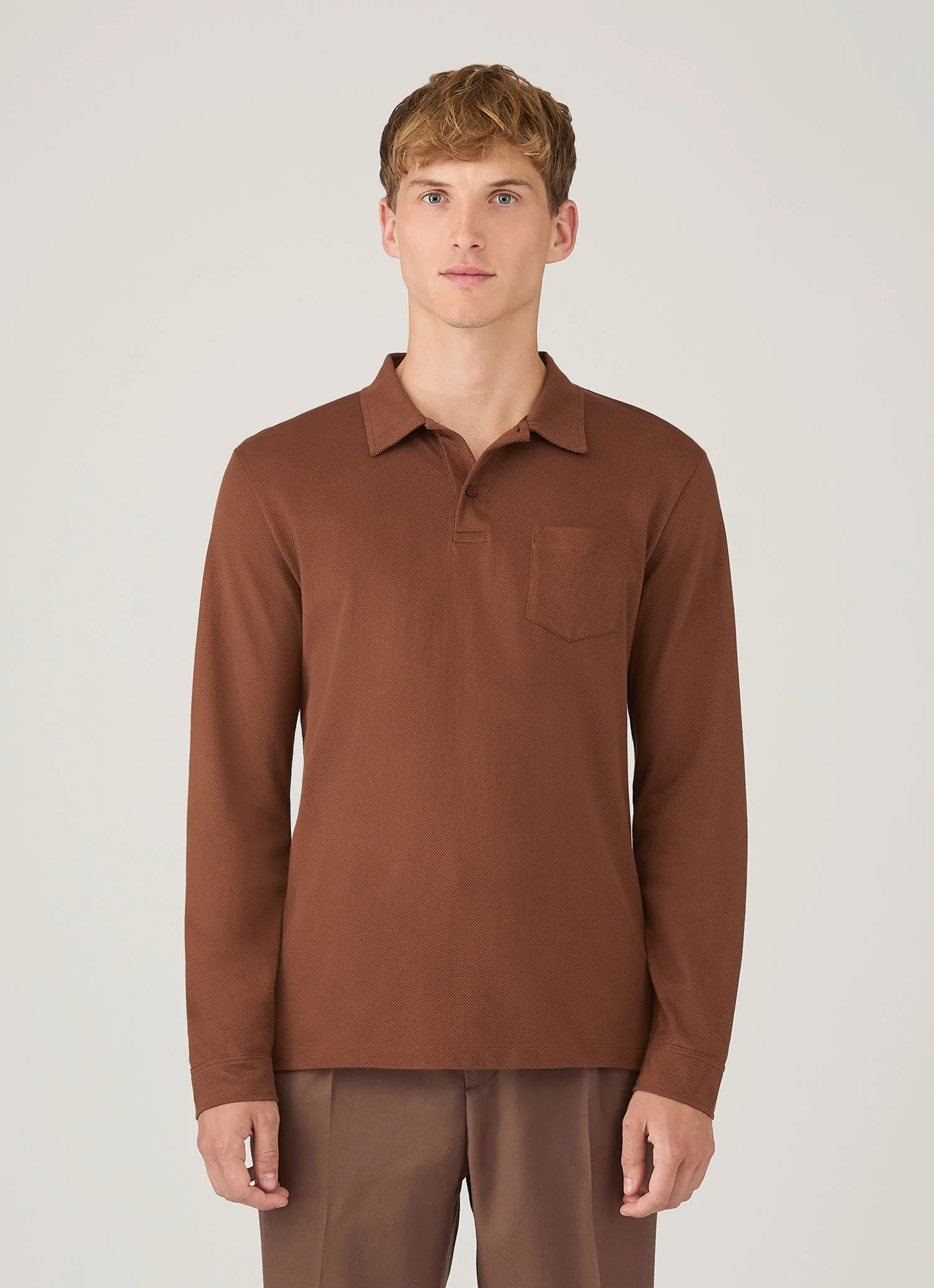 Men's Long Sleeve Riviera Polo Shirt in Conker Brown - Image 2