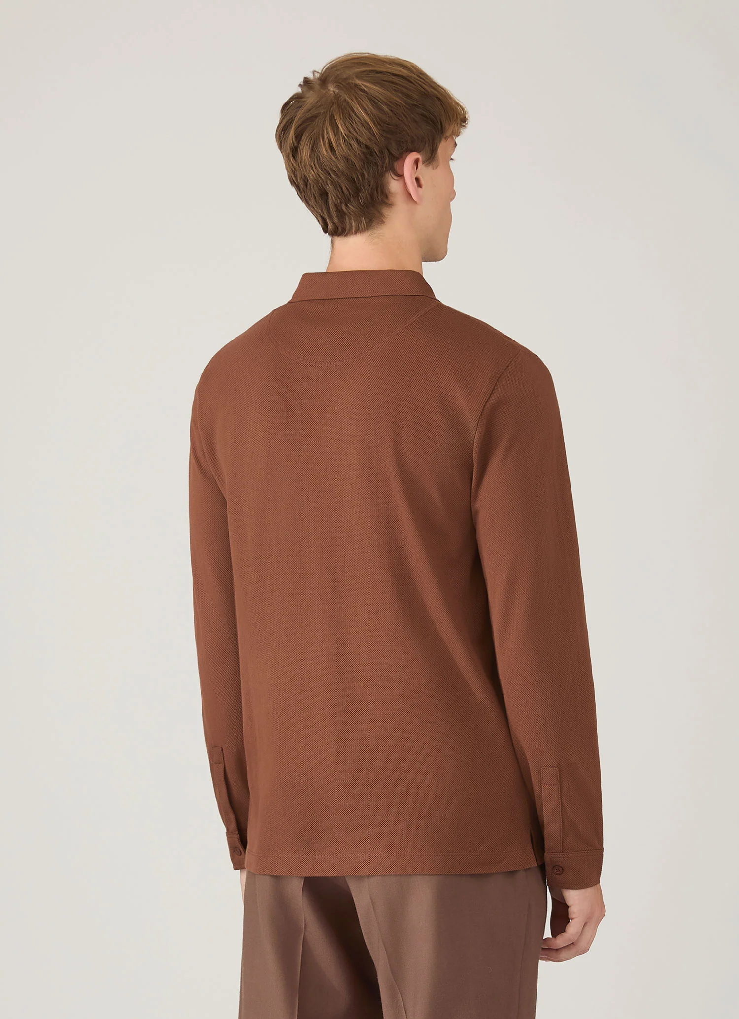 Men's Long Sleeve Riviera Polo Shirt in Conker Brown - Image 5