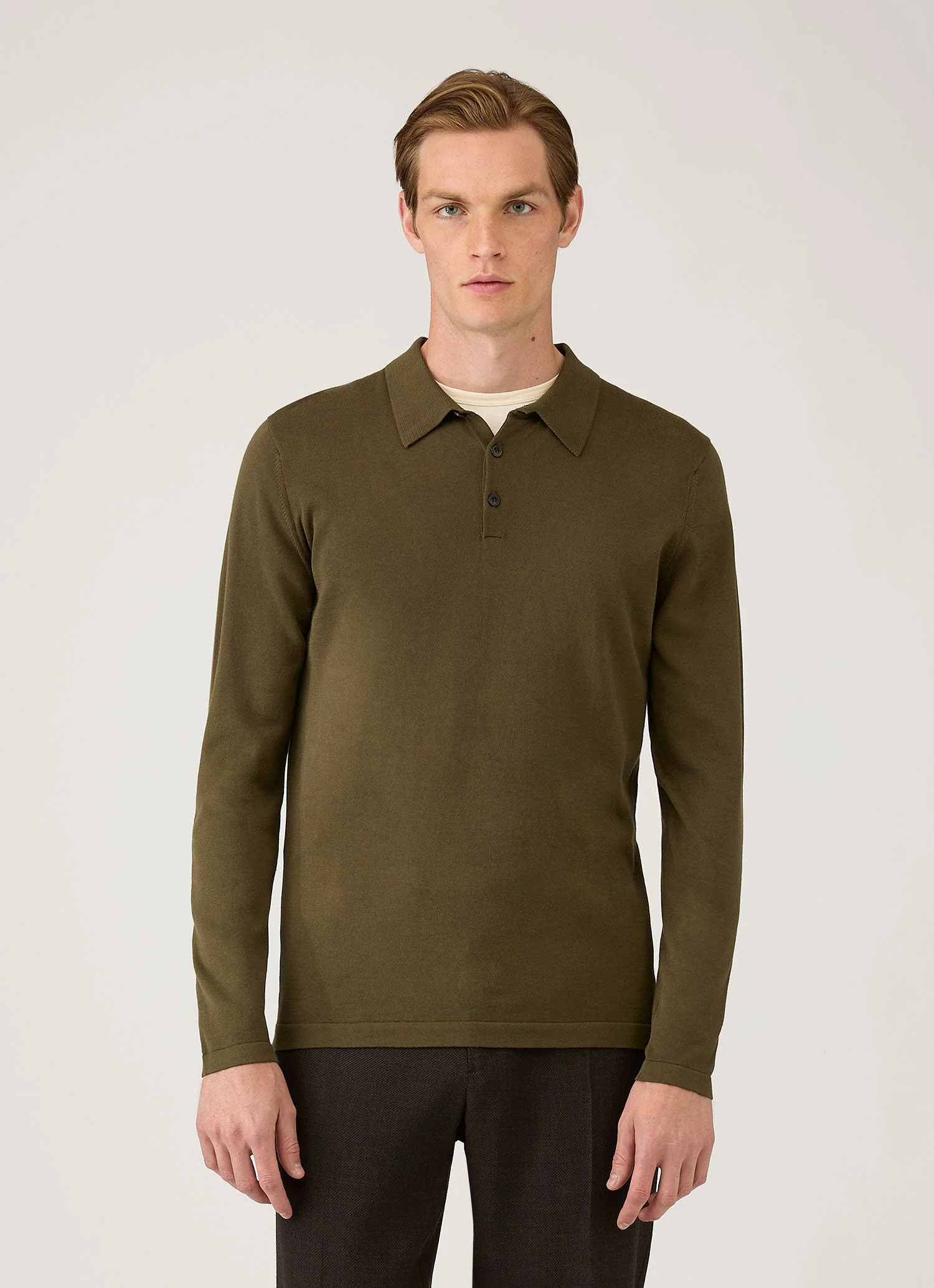 Men's Long Sleeve Sea Island Cotton Knit Polo Shirt in Deep Olive - Image 2