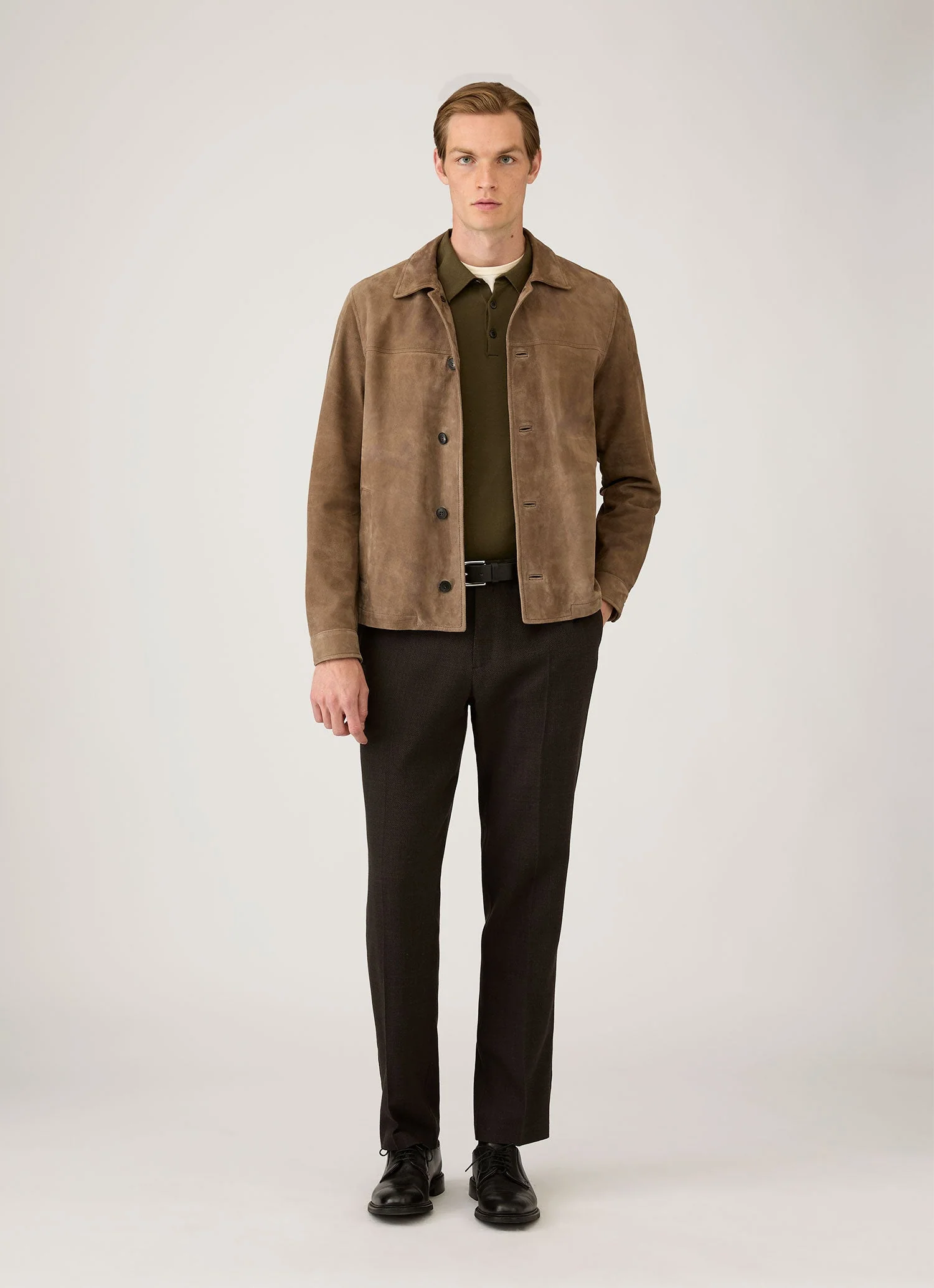 Men's Long Sleeve Sea Island Cotton Knit Polo Shirt in Deep Olive - Image 3